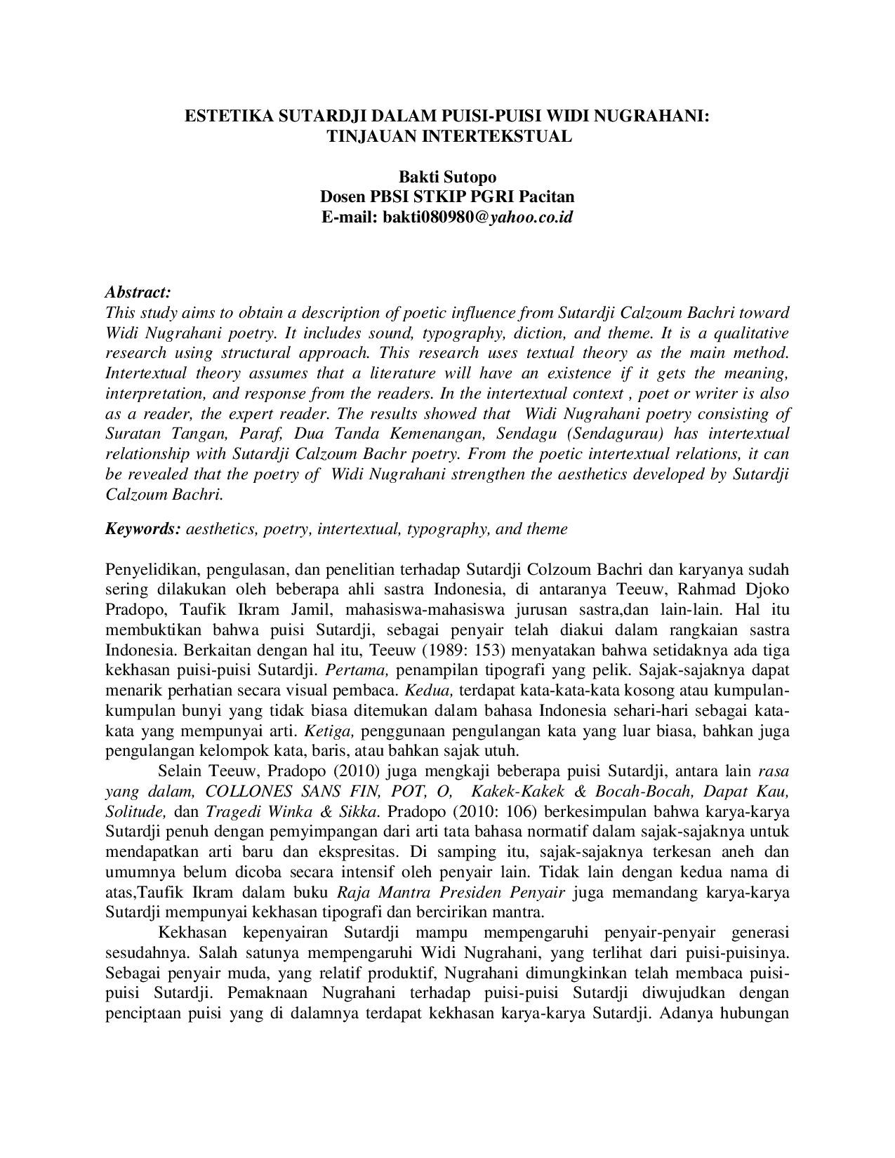 juris Estetika Sutardji dalam Puisi Puisi Widi Nugrahani Tinjauan Intertekstual