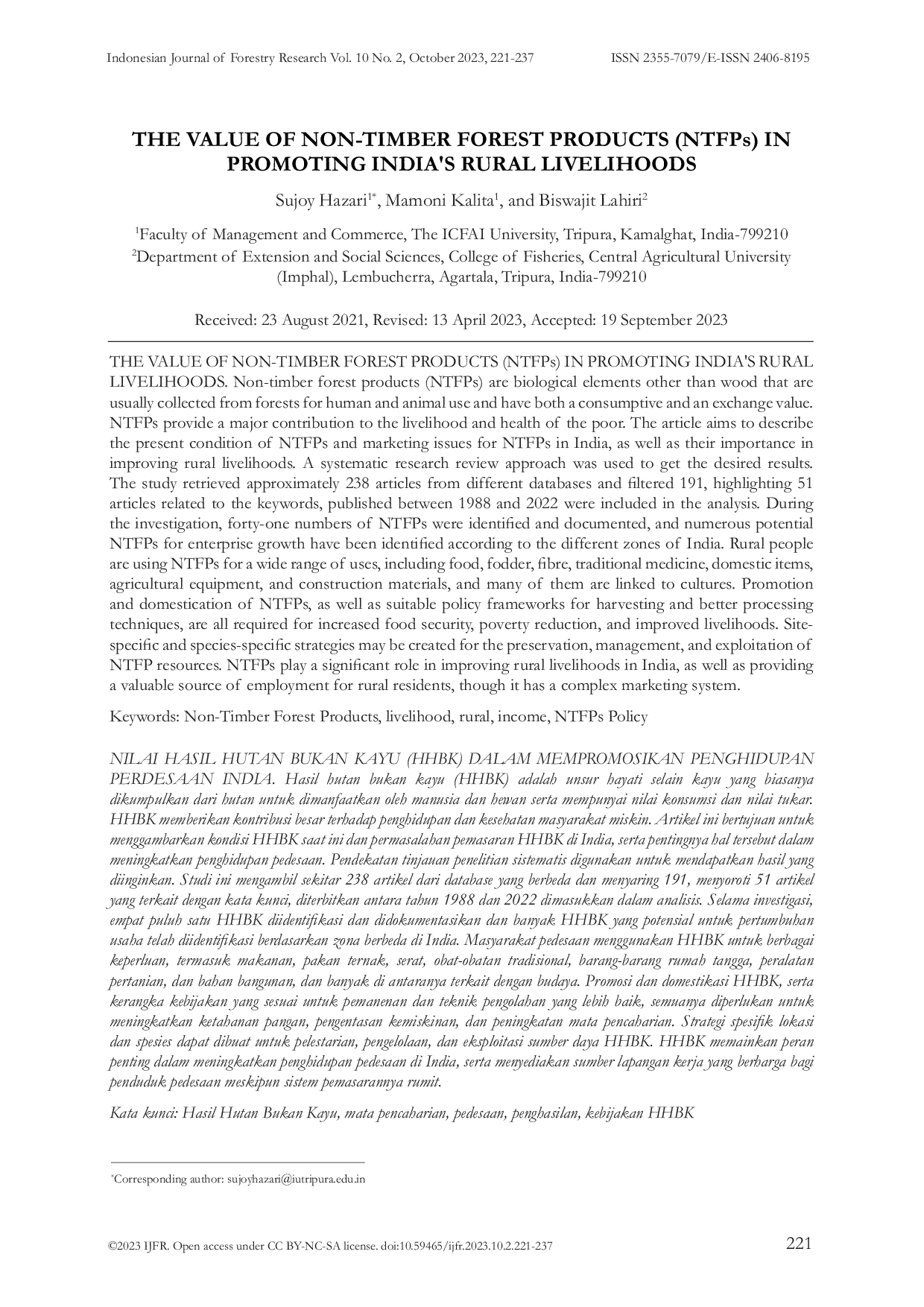 JURIS Nilai Hasil Hutan Bukan Kayu HHBK Dalam Mempromosikan Penghidupan Perdesaan India