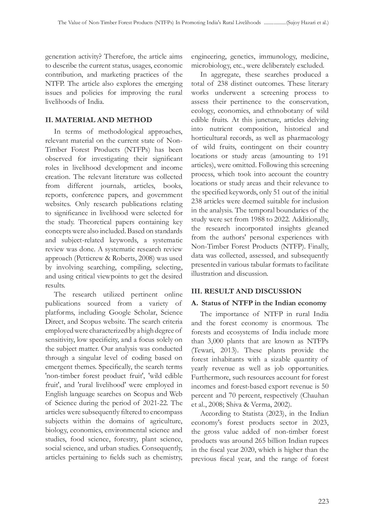 JURIS Nilai Hasil Hutan Bukan Kayu HHBK Dalam Mempromosikan Penghidupan Perdesaan India