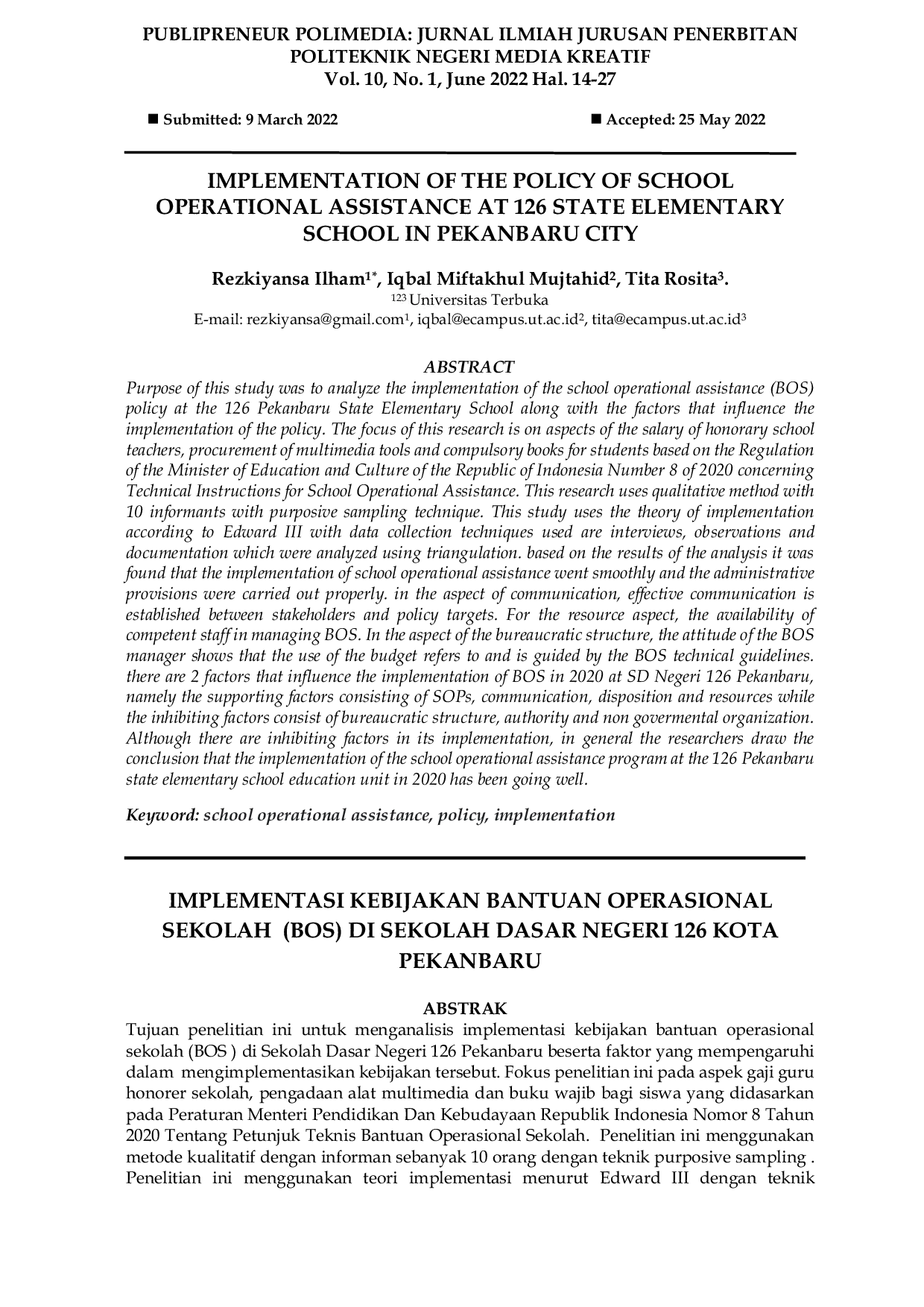 JURIS Implementasi Kebijakan Bantuan Operasional Sekolah Bos Di Sekolah Dasar Negeri 126 Kota Pekanbaru