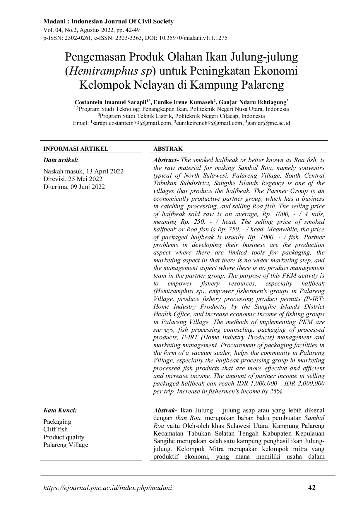 JURIS Pengemasan Produk Olahan Ikan Julung julung Hemiramphus sp untuk Peningkatan Ekonomi Kelompok Nelayan di Kampung Palareng