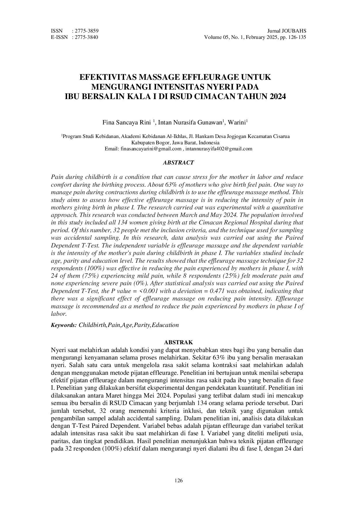 JURIS Efektivitas Massage Effleurage Untuk Mengurangi Intensitas Nyeri Pada Ibu Bersalin Kala I Di RSUD Cimacan Tahun 2024