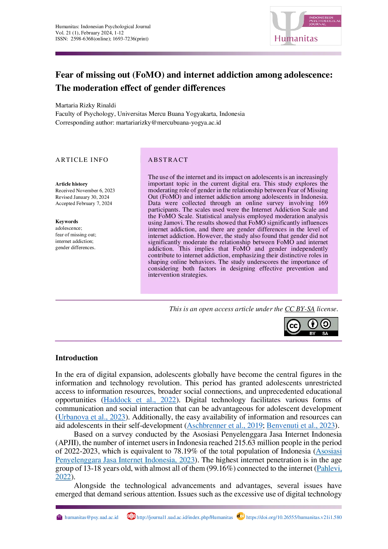 JURIS Fear of missing out FoMO and internet addiction among adolescence The moderation effect of gender differences