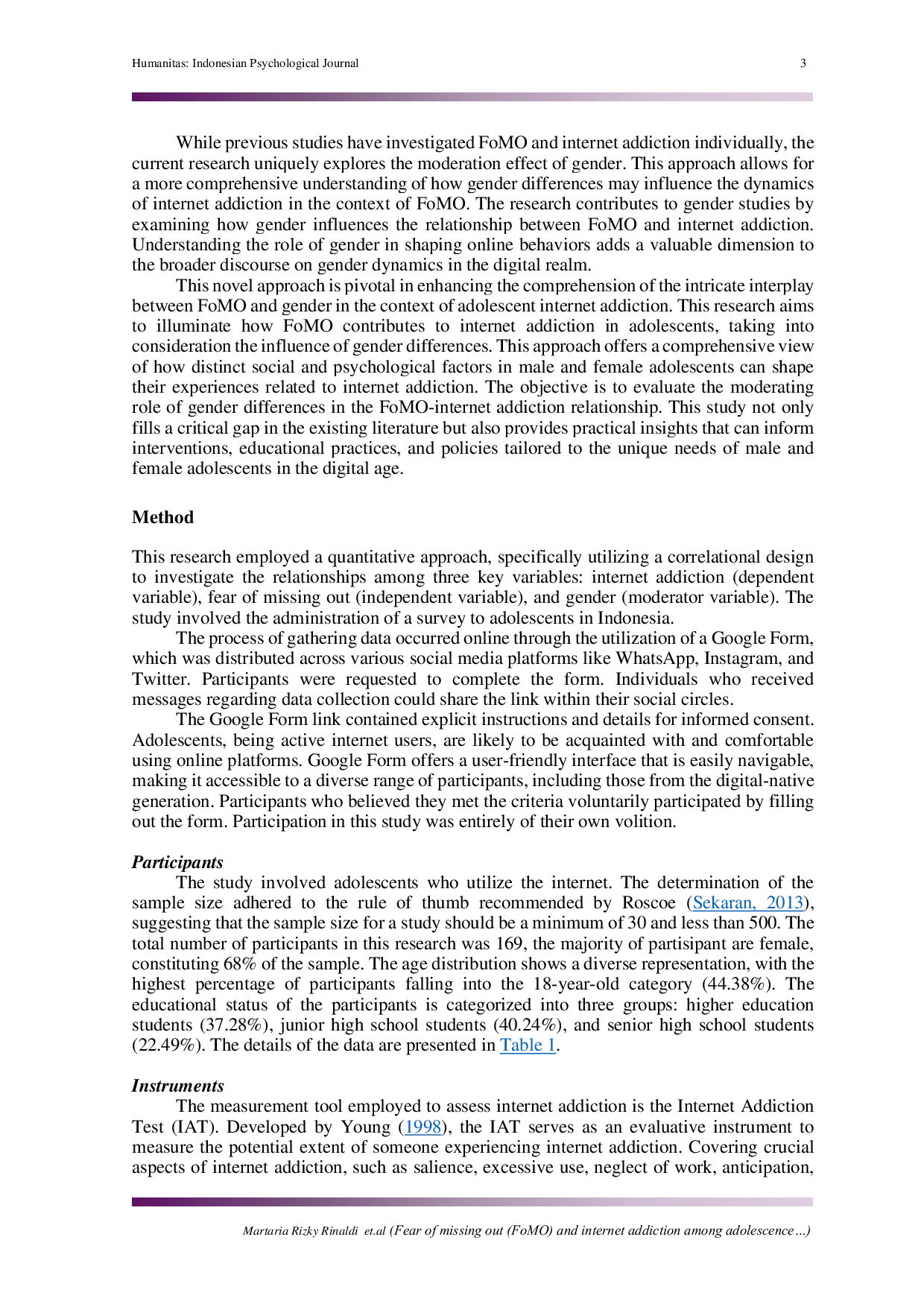 JURIS Fear of missing out FoMO and internet addiction among adolescence The moderation effect of gender differences