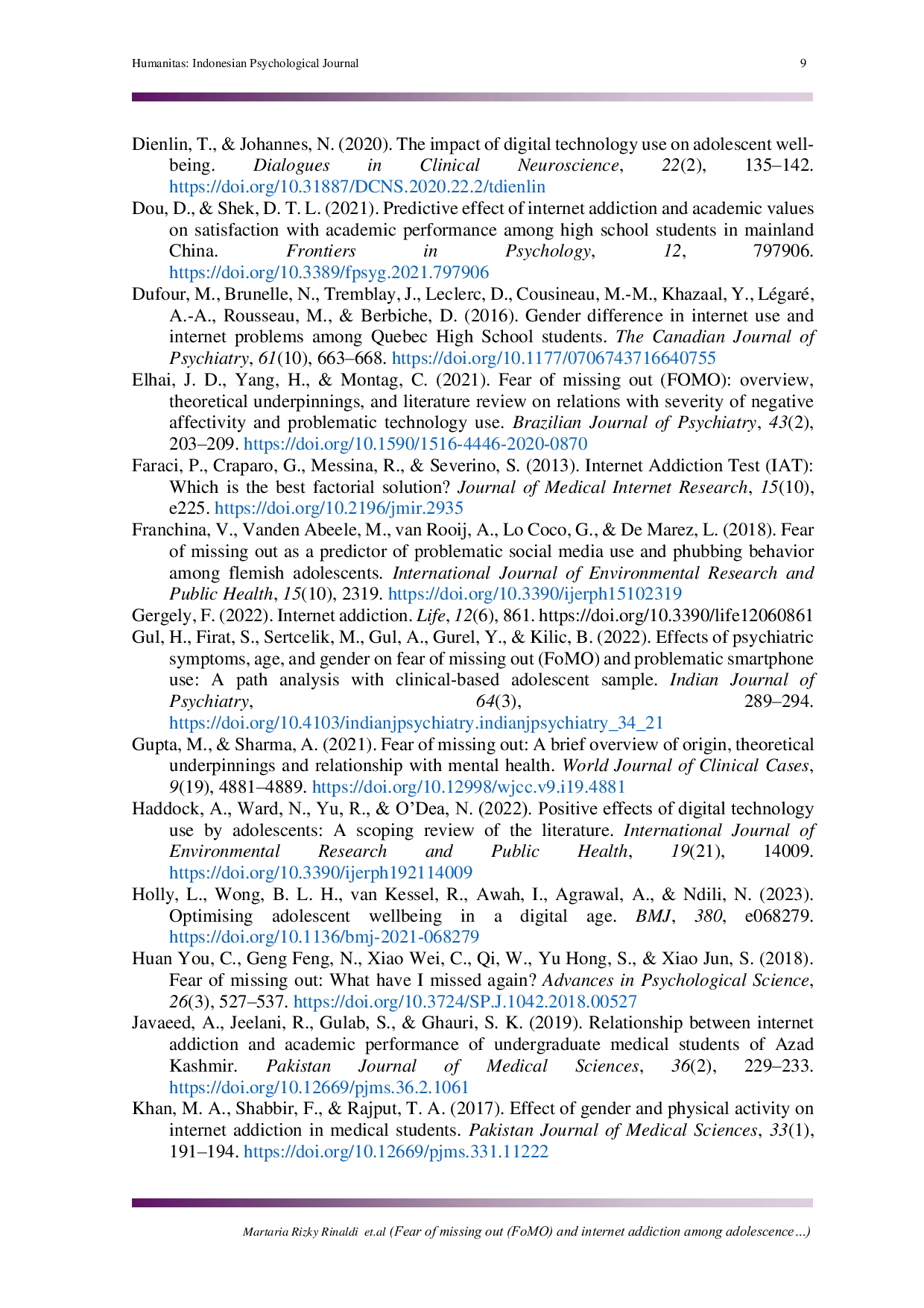 JURIS Fear of missing out FoMO and internet addiction among adolescence The moderation effect of gender differences