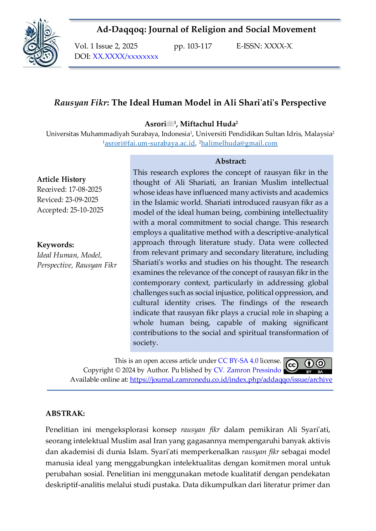JURIS Rausyan Fikr The Ideal Human Model in Ali Shari ati s Perspective