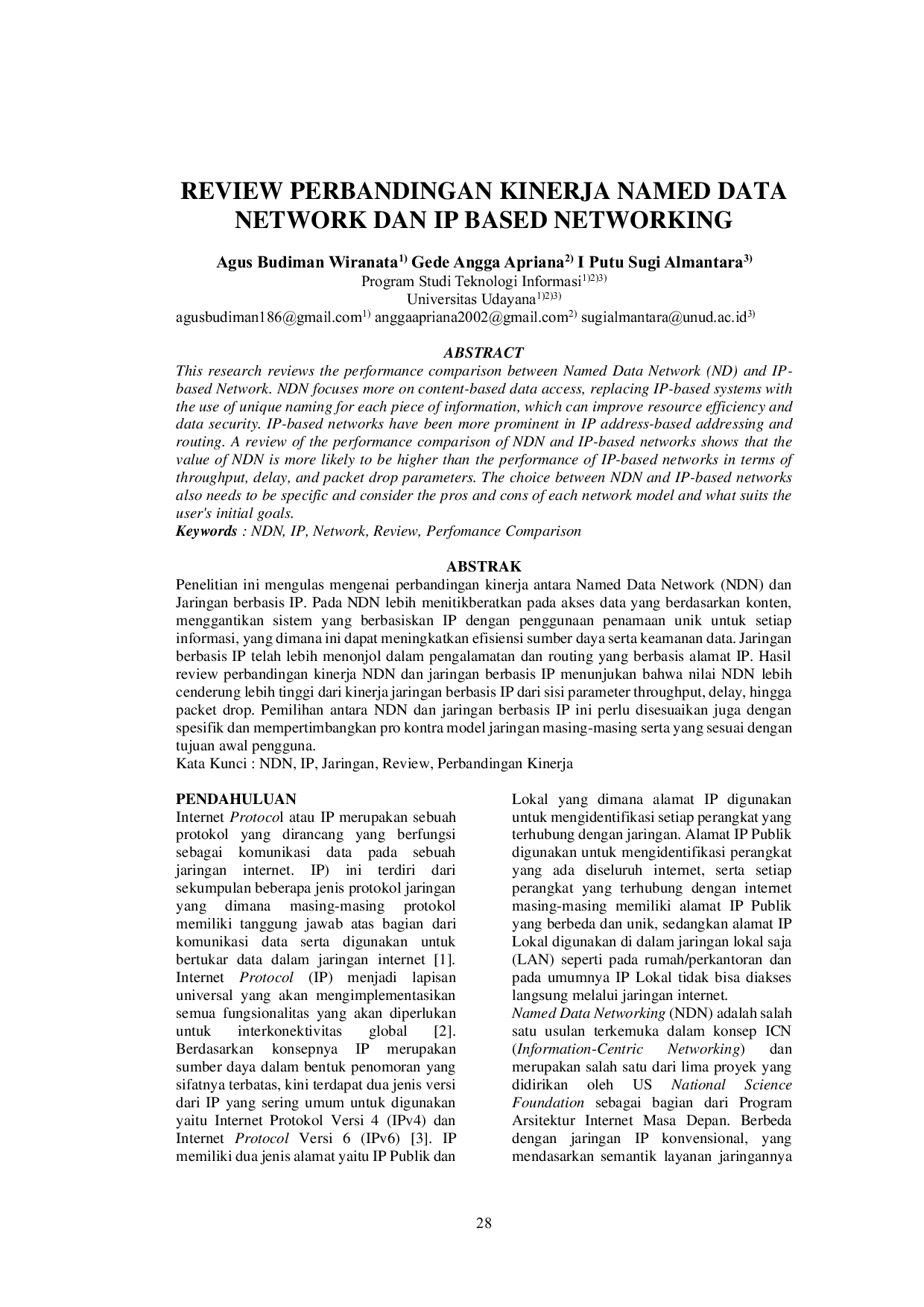 JURIS REVIEW PERBANDINGAN KINERJA NAMED DATA NETWORK DAN IP BASED NETWORKING