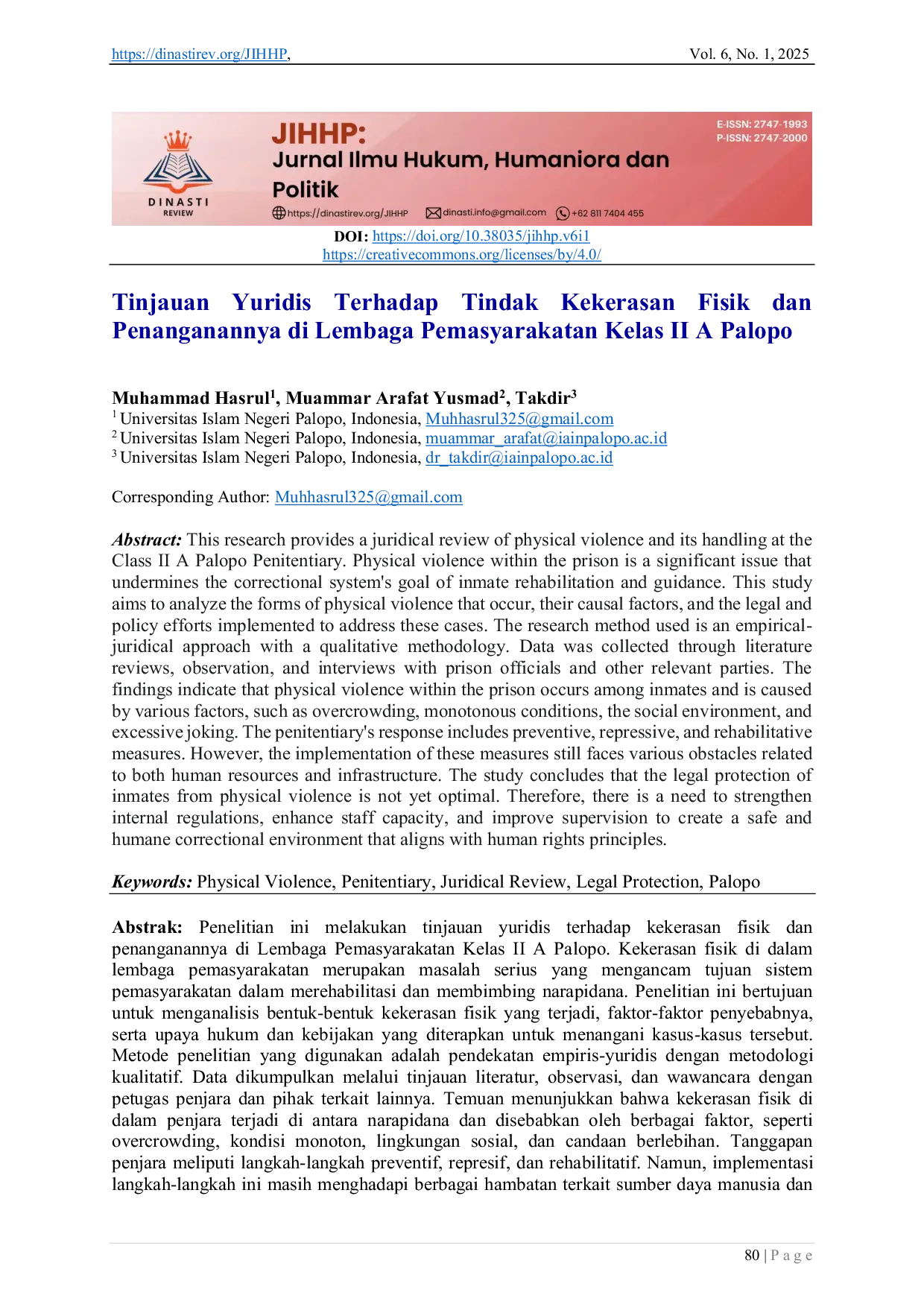 JURIS Tinjauan Yuridis Terhadap Tindak Kekerasan Fisik dan Penanganannya di Lembaga Pemasyarakatan Kelas II A Palopo