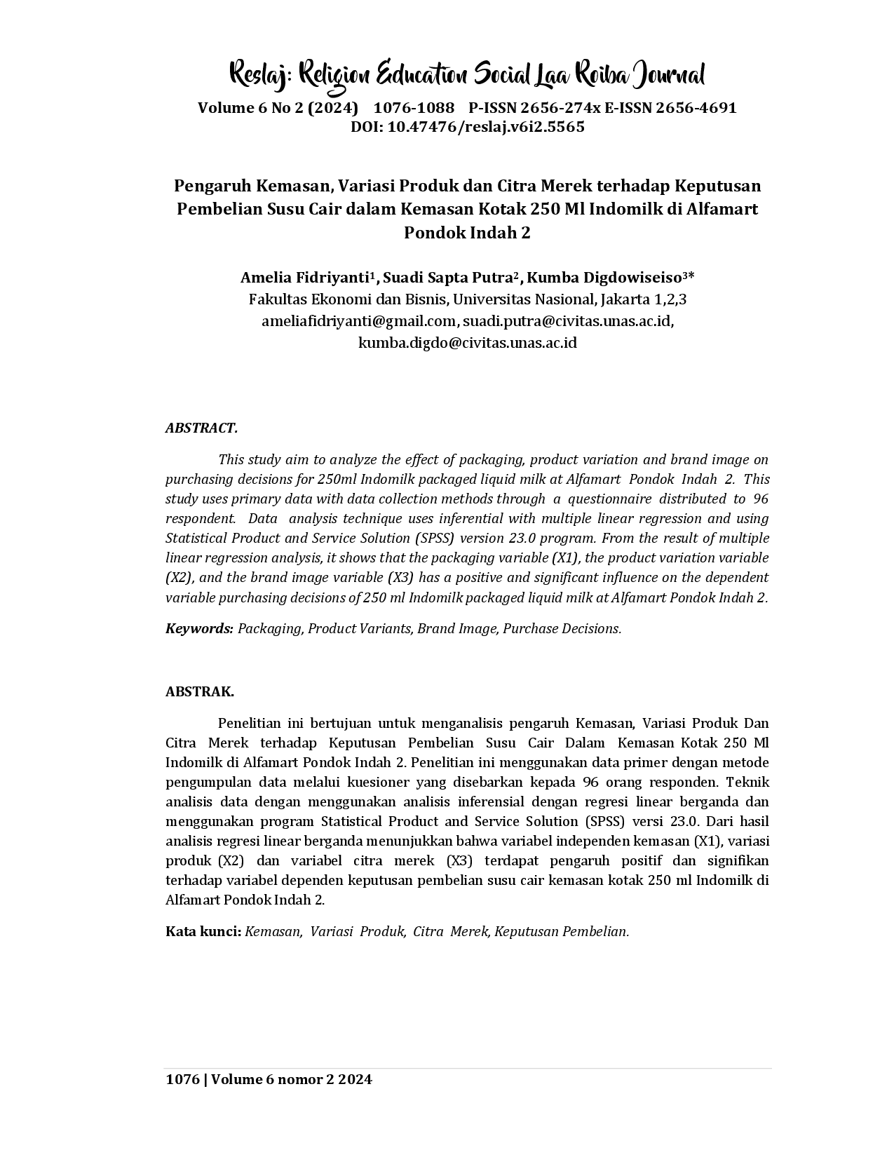 juris Pengaruh Kemasan Variasi Produk dan Citra Merek terhadap Keputusan Pembelian Susu Cair dalam Kemasan Kotak 250 ML Indomilk di Alfamart Pondok Indah 2