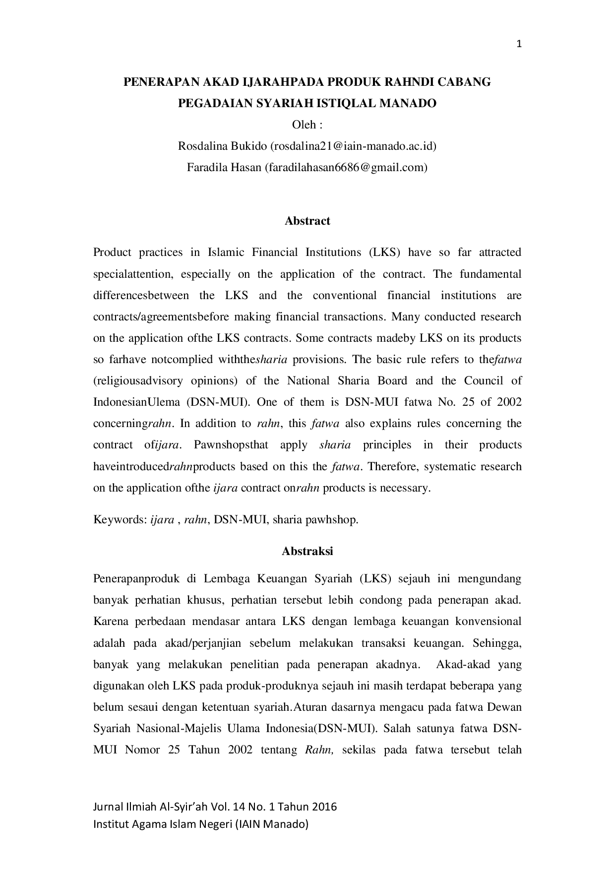 juris Penerapan Akad Ijarah Pada Produk Rahn Di Cabang Pegadaian Syariah Istiqlal Manado