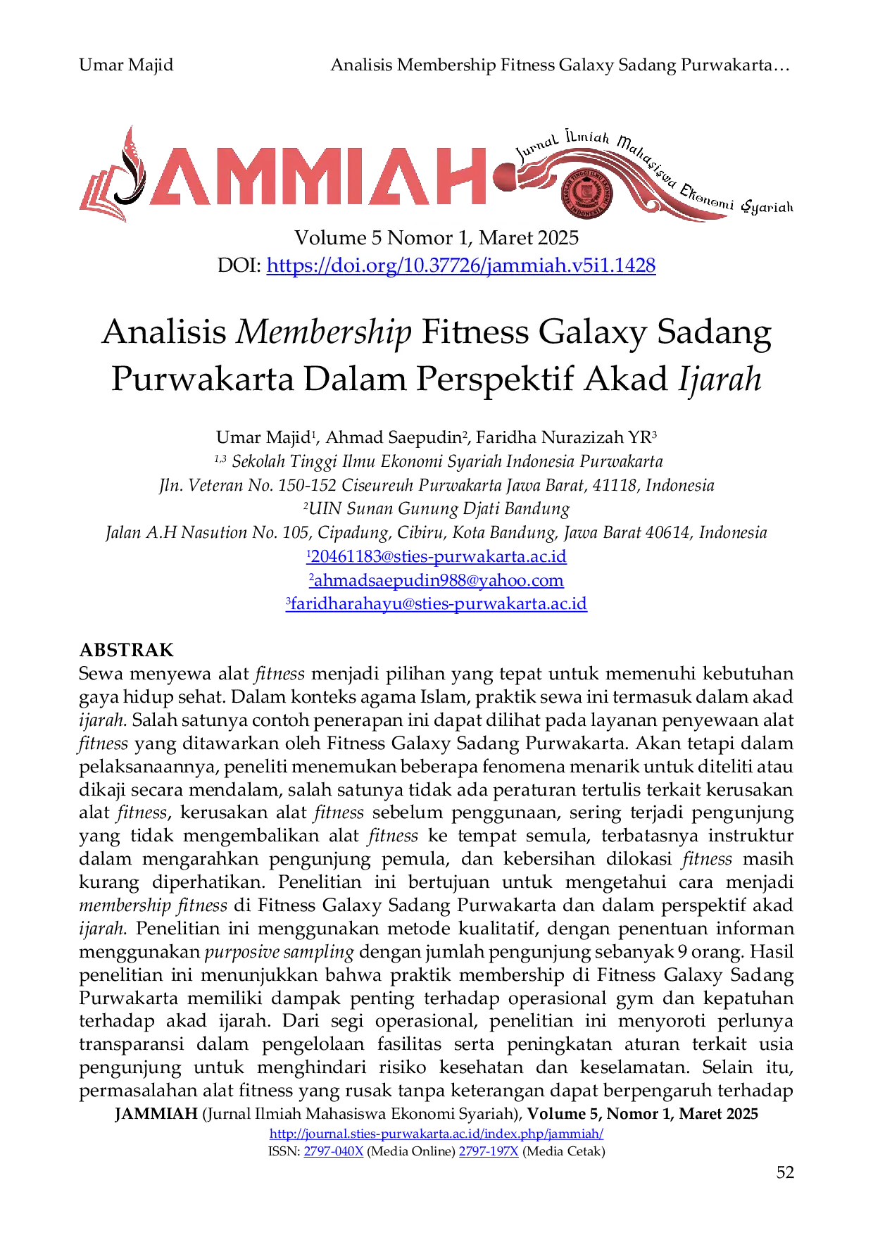 JURIS Analisis Membership Fitness Galaxy Sadang Purwakarta Dalam Perspektif Akad Ijarah