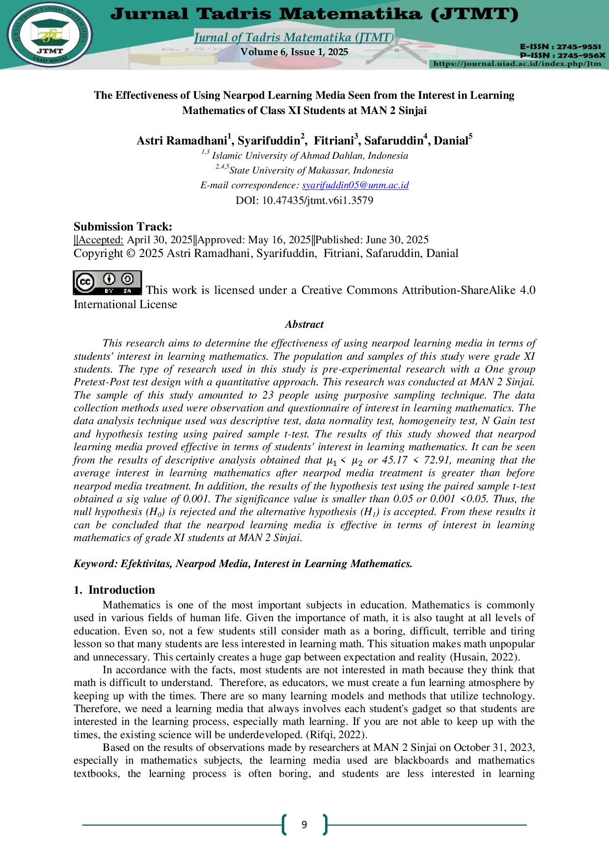 JURIS The Effectiveness of Using Nearpod Learning Media Seen from the Interest in Learning Mathematics of Class Xi Students at Man 2 Sinjai