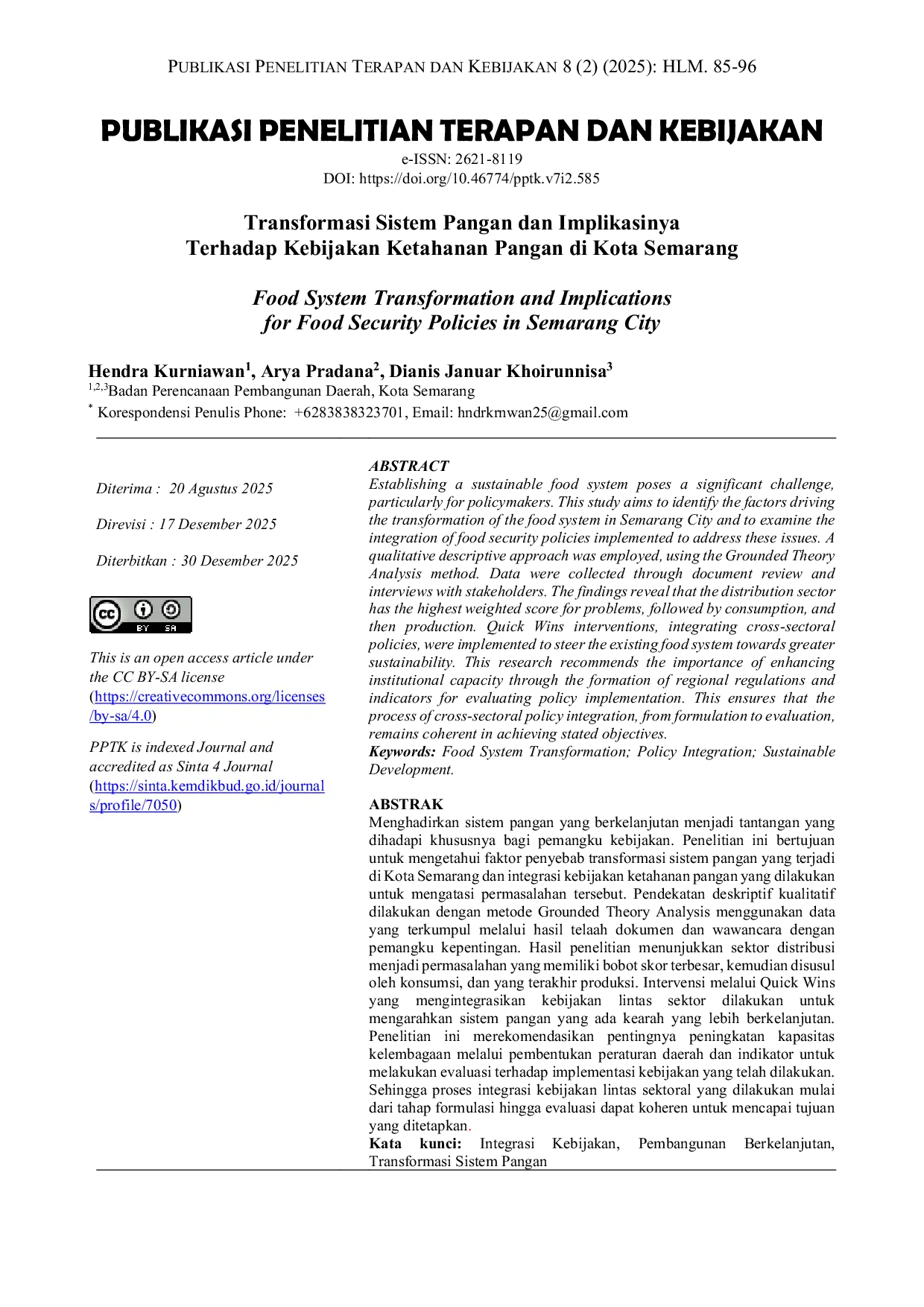 JURIS Transformasi Sistem Pangan dan Implikasinya Terhadap Kebijakan Ketahanan Pangan di Kota Semarang