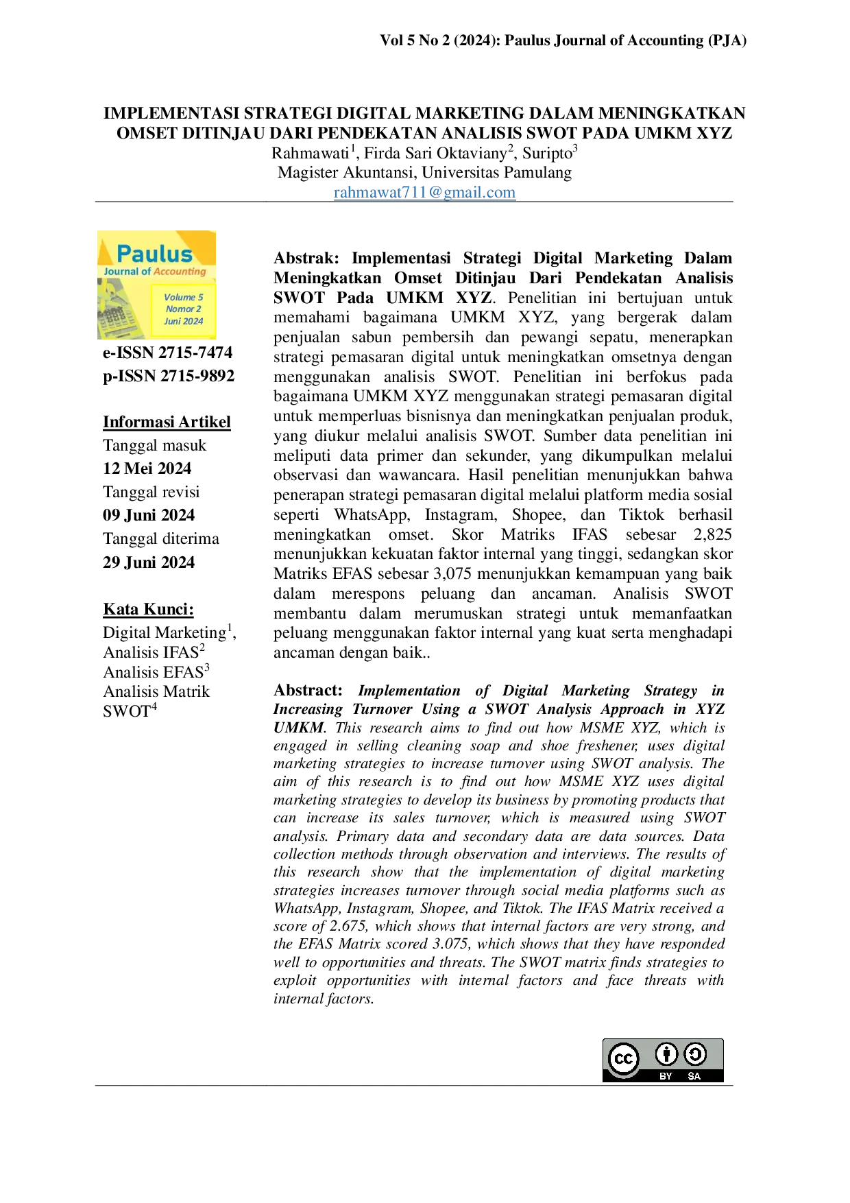 JURIS Implementasi Strategi Digital Marketing Dalam Meningkatkan Omset Ditinjau Dari Pendekatan Analisis SWOT Pada UMKM XYZ