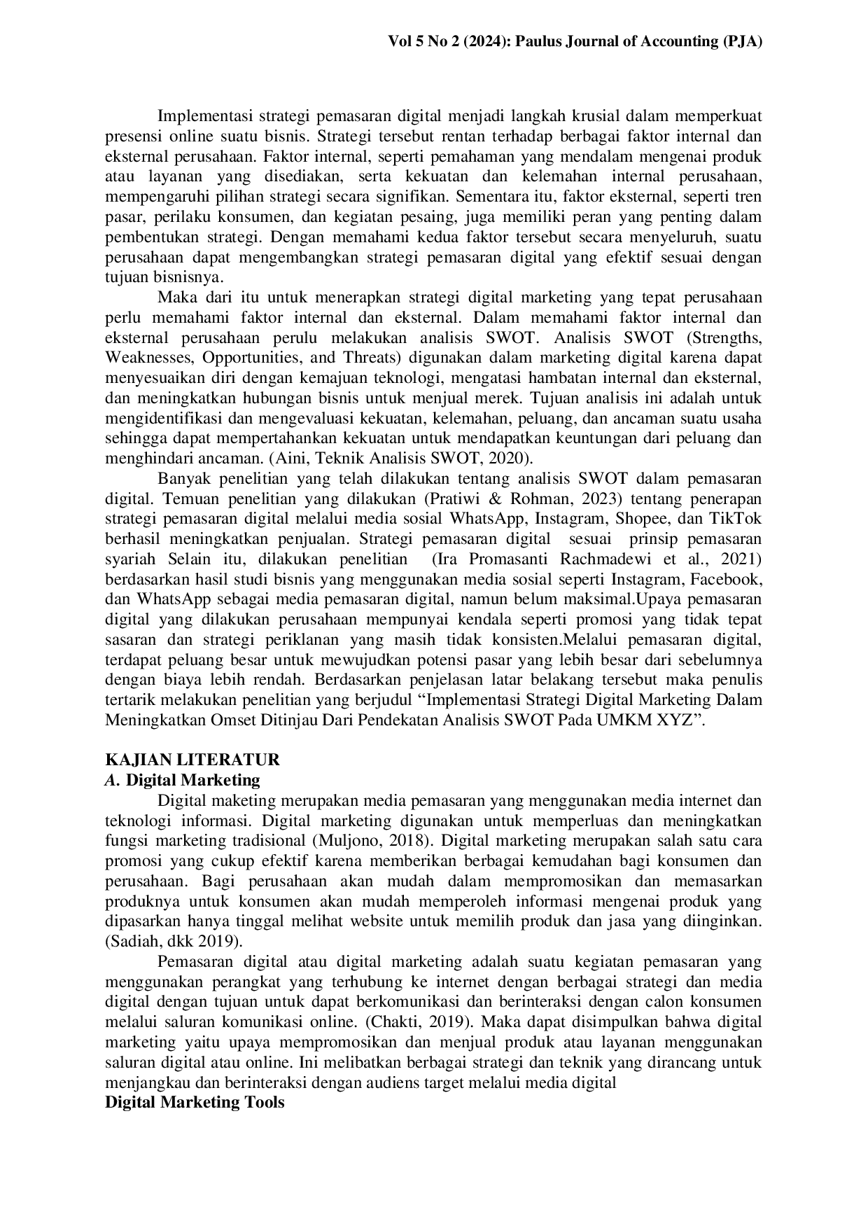 JURIS Implementasi Strategi Digital Marketing Dalam Meningkatkan Omset Ditinjau Dari Pendekatan Analisis SWOT Pada UMKM XYZ
