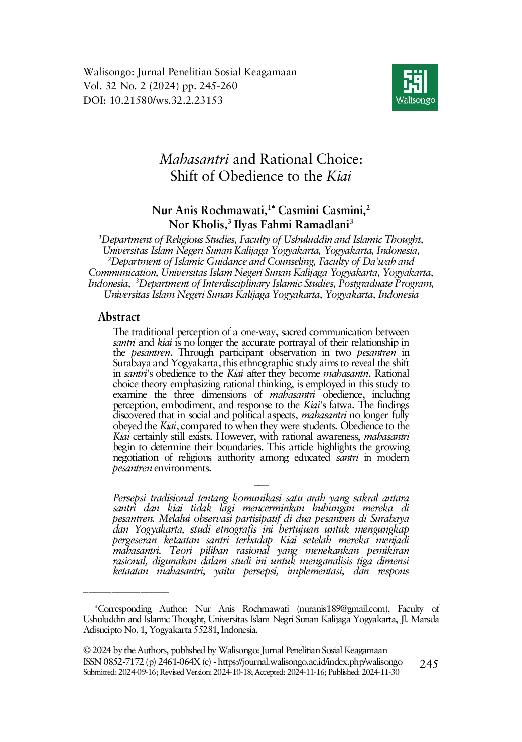 JURIS Mahasantri and Rational Choice Shift of Obedience to the Kiai