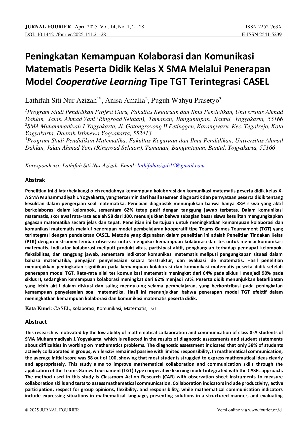 JURIS Peningkatan Kemampuan Kolaborasi dan Komunikasi Matematis Peserta Didik Kelas X Sma Melalui Penerapan Model Cooperative Learning Tipe Tgt Terintegrasi Casel