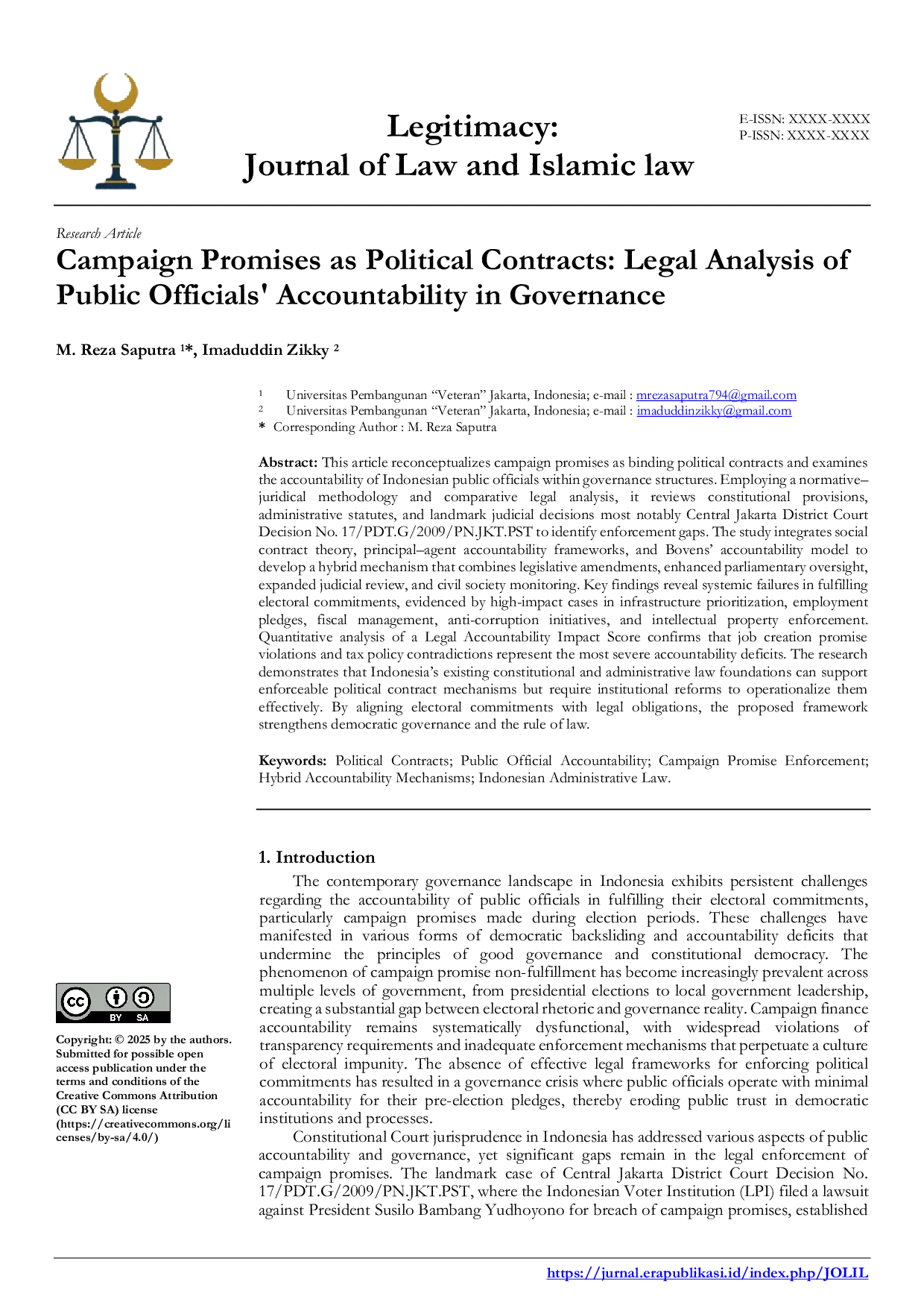 JURIS Campaign Promises as Political Contracts Legal Analysis of Public Officials Accountability in Governance
