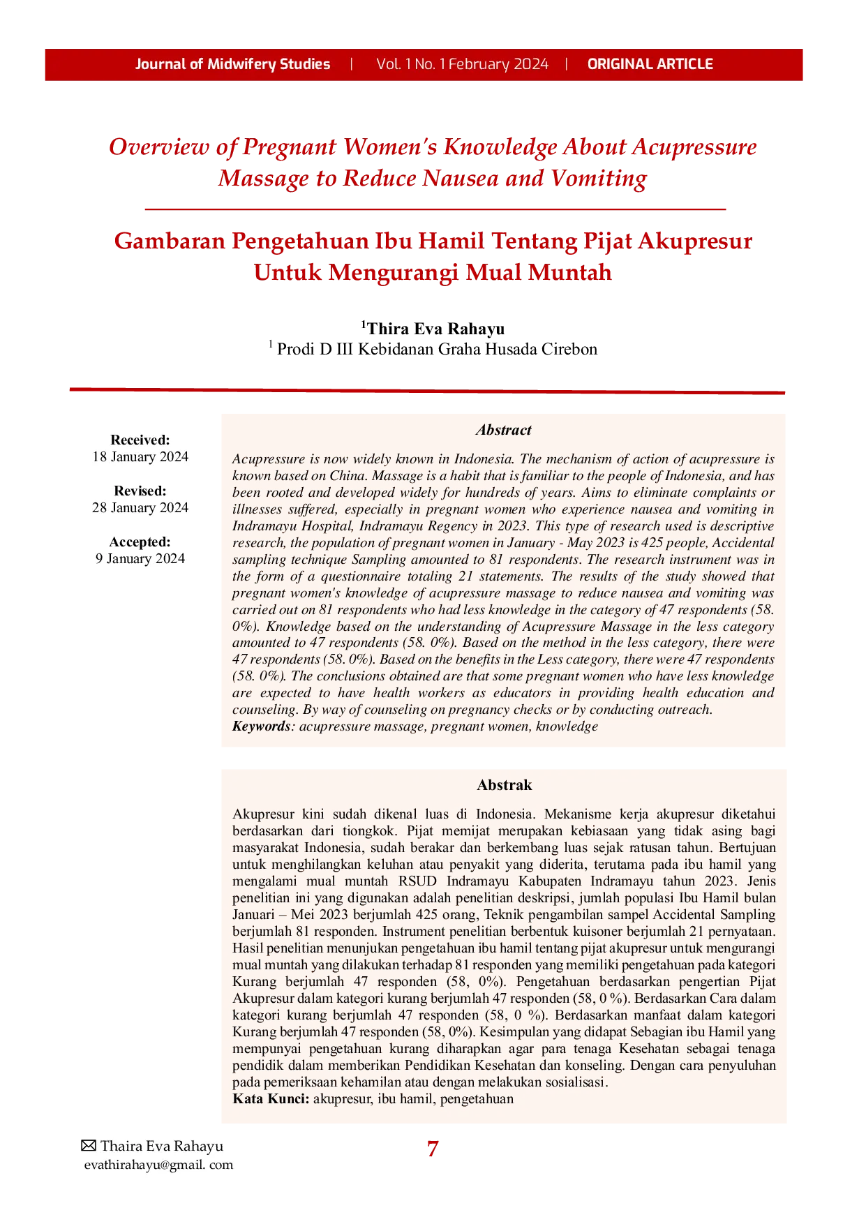 JURIS Overview of Pregnant Women s Knowledge About Acupressure Massage to Reduce Nausea and Vomiting