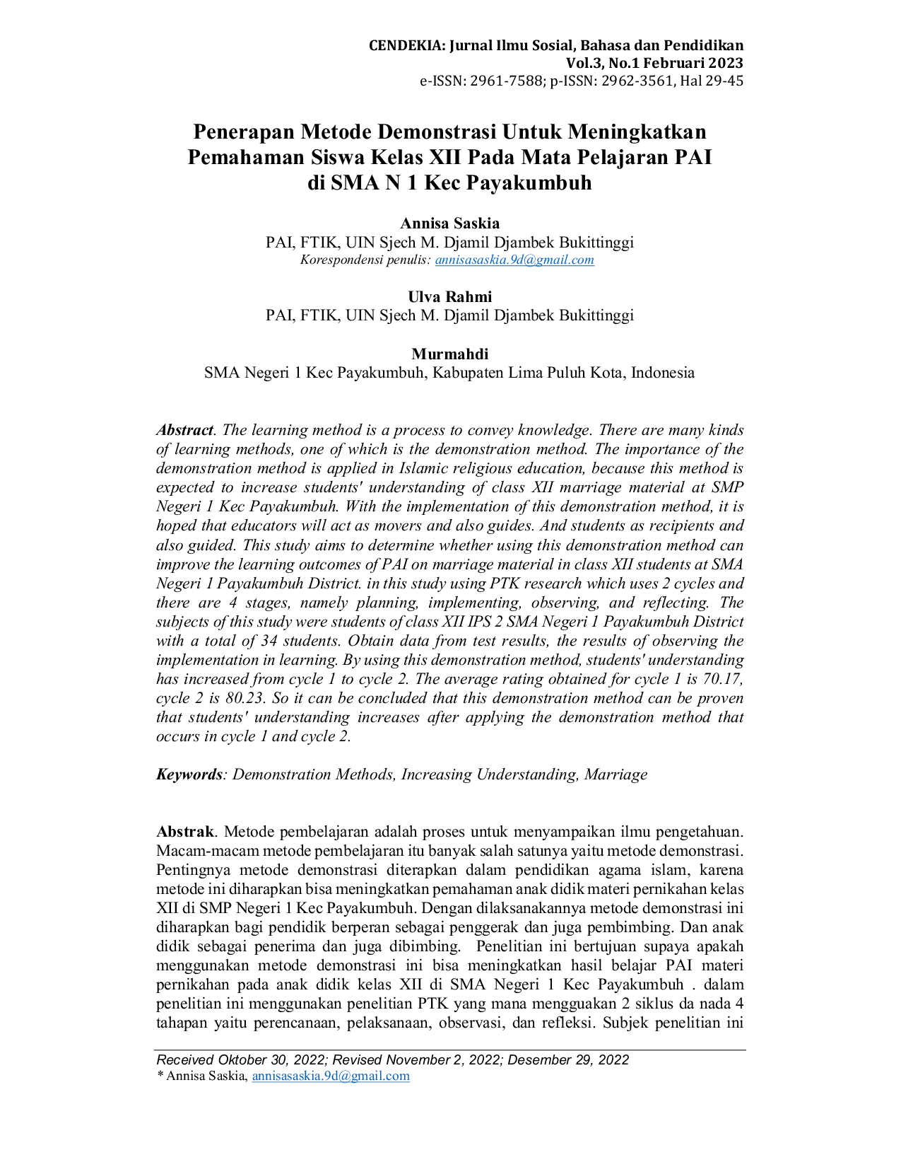 JURIS Penerapan Metode Demonstrasi Untuk Meningkatkan Pemahaman Siswa Kelas XII Pada Mata Pelajaran PAI di SMA N 1 Kec Payakumbuh