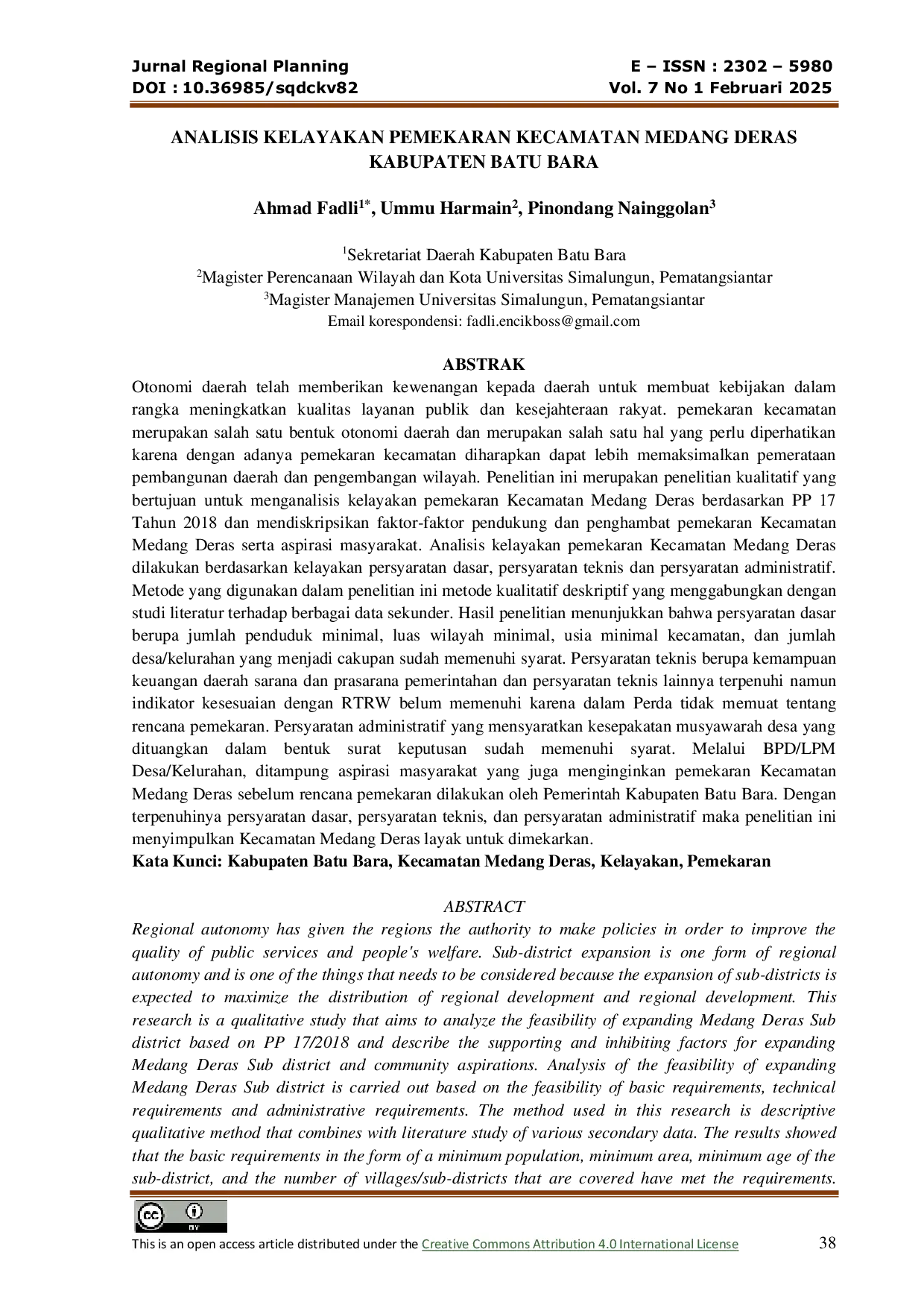 JURIS Analisis Kelayakan Pemekaran Kecamatan Medang Deras Kabupaten Batu Bara