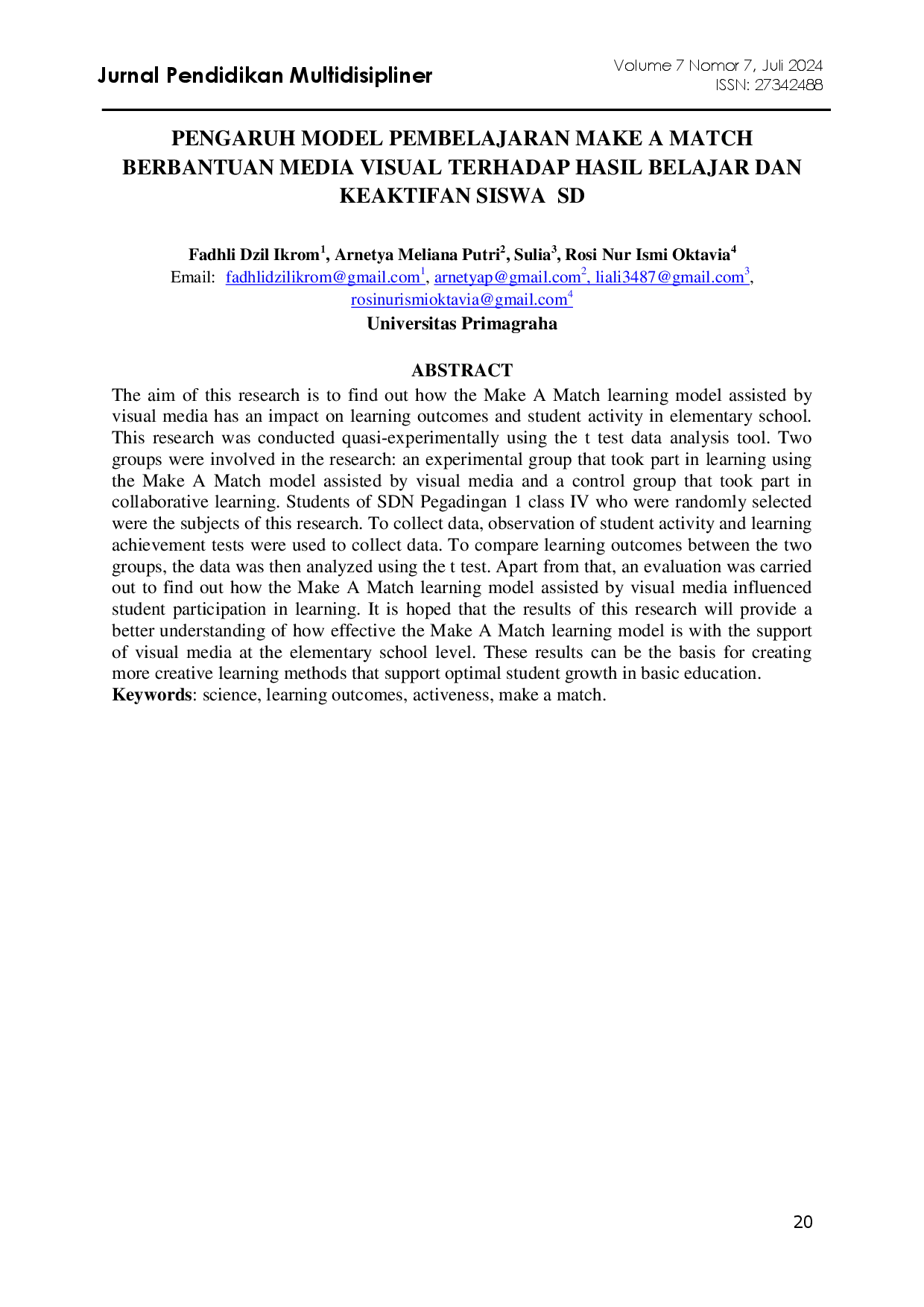 juris Pengaruh Model Pembelajaran Make A Match Berbantuan Media Visual Terhadap Hasil Belajar dan Keaktifan Siswa SD