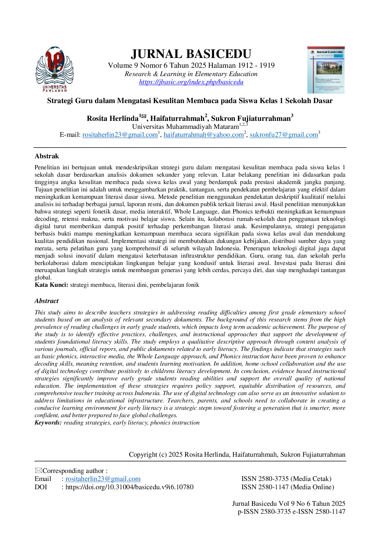 JURIS Strategi Guru dalam Mengatasi Kesulitan Membaca pada Siswa Kelas 1 Sekolah Dasar