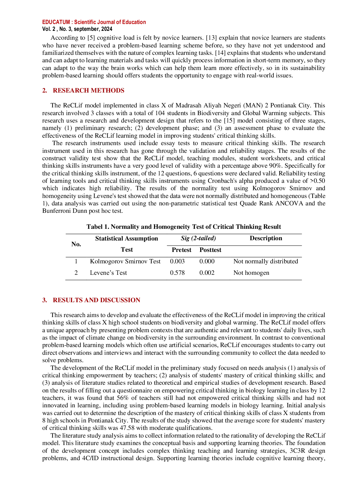 JURIS Reclif Problem Based Learning Model to Improve Critical Thinking for Beginner Learners