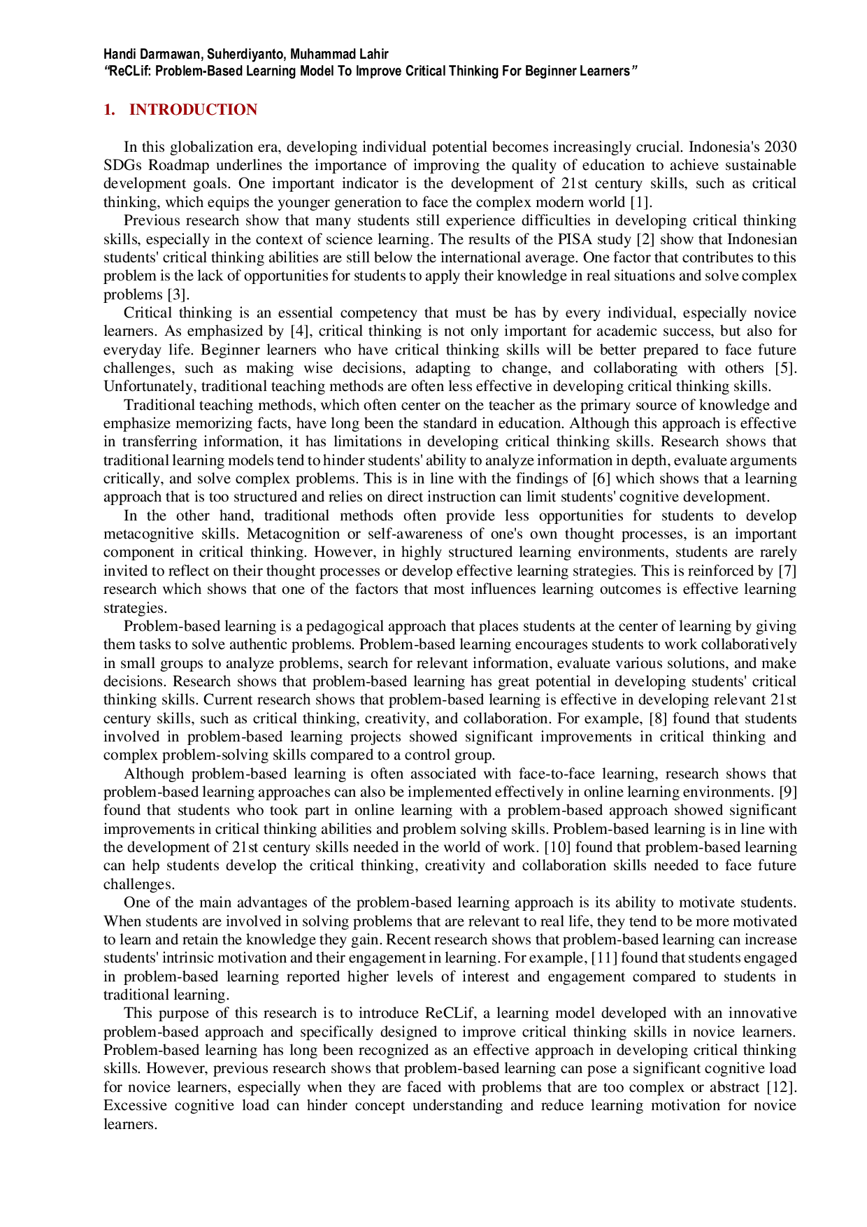 JURIS Reclif Problem Based Learning Model to Improve Critical Thinking for Beginner Learners