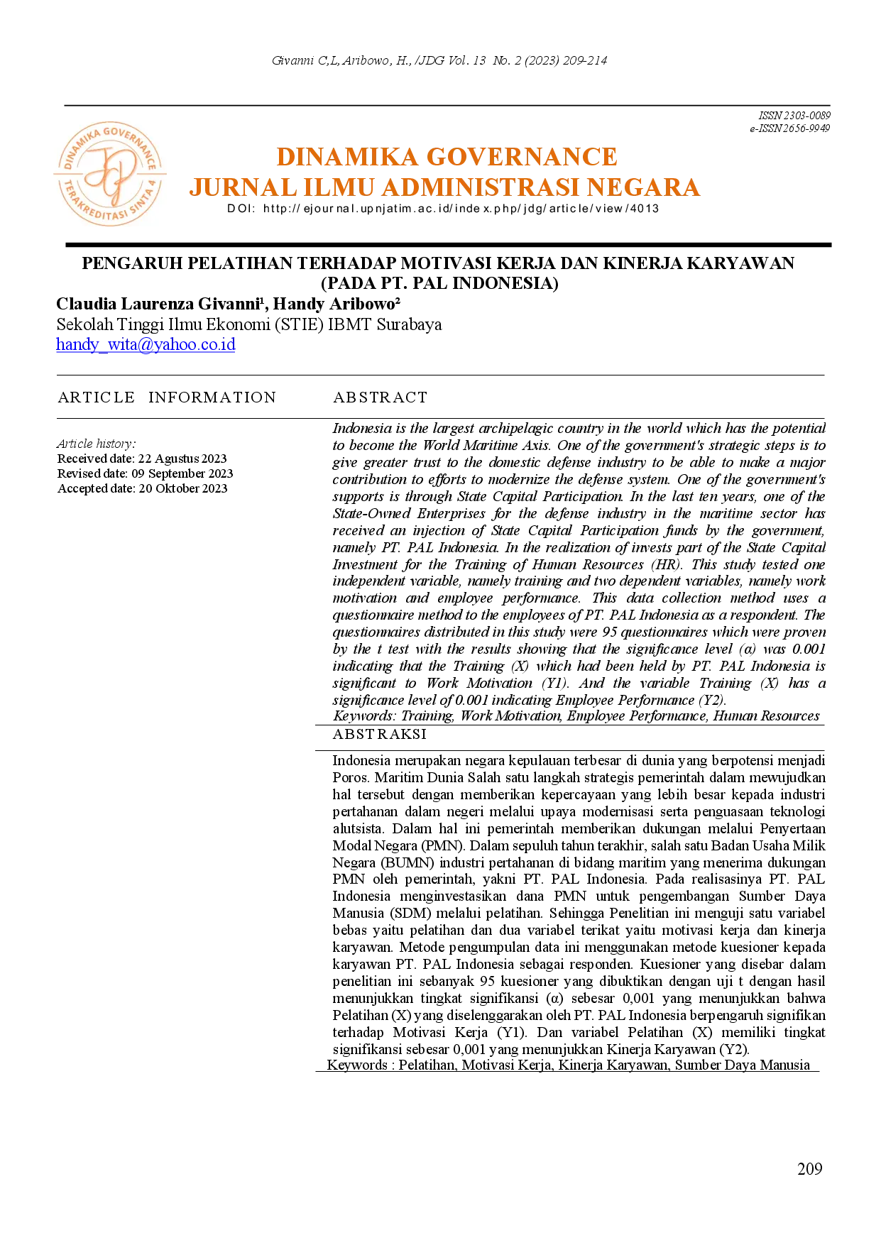 juris Pengaruh Pelatihan Terhadap Motivasi Kerja Dan Kinerja Karyawan Pada Pt Pal Indonesia