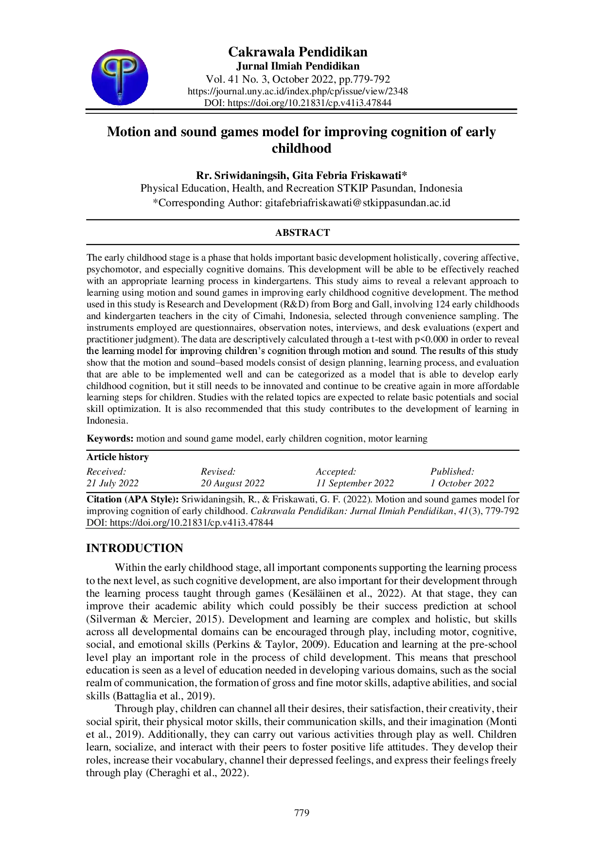 juris Motion and sound games model for improving cognition of early childhood