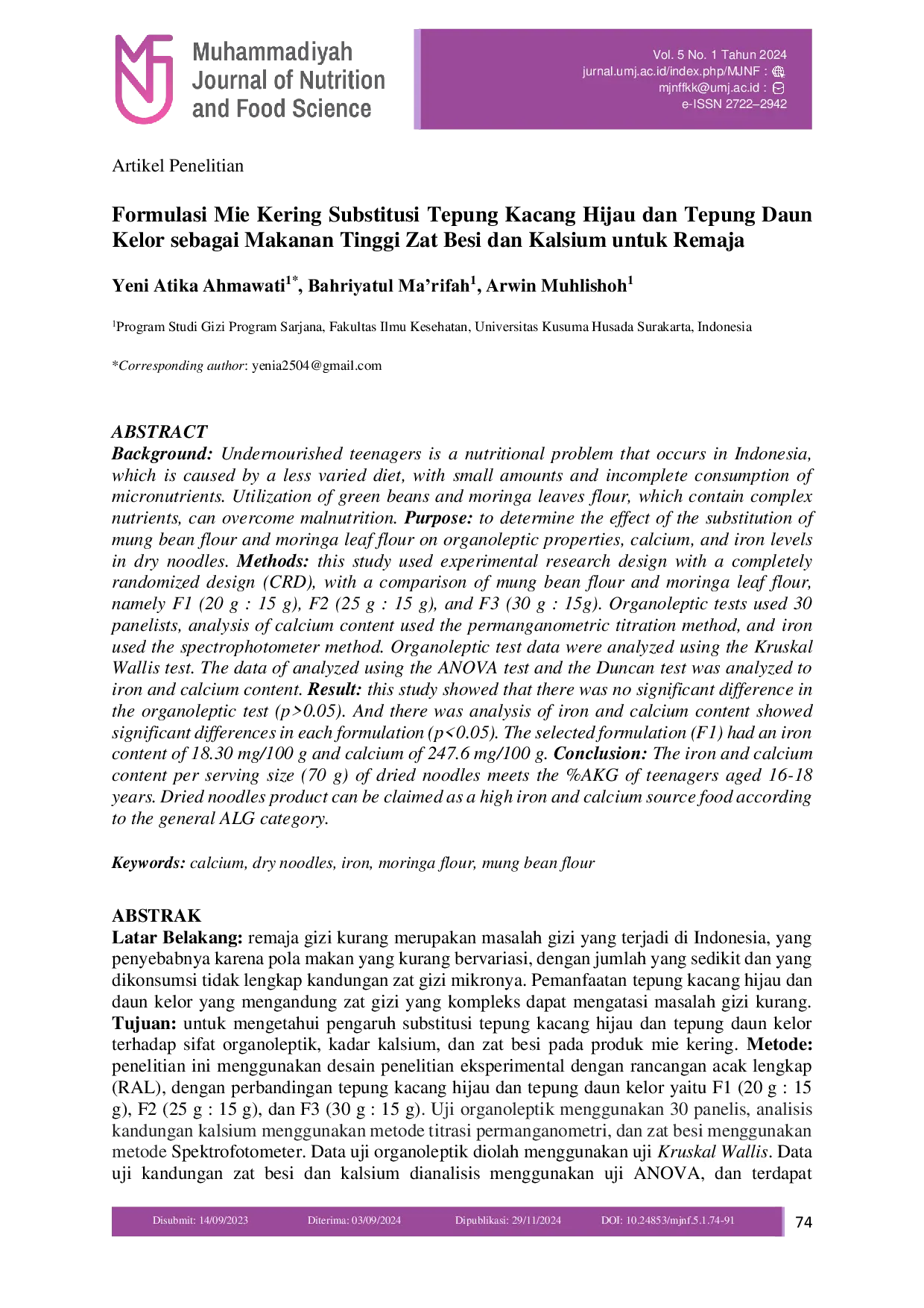 JURIS Formulasi Mie Kering Substitusi Tepung Kacang Hijau dan Tepung Daun Kelor sebagai Makanan Tinggi Zat Besi dan Kalsium untuk Remaja