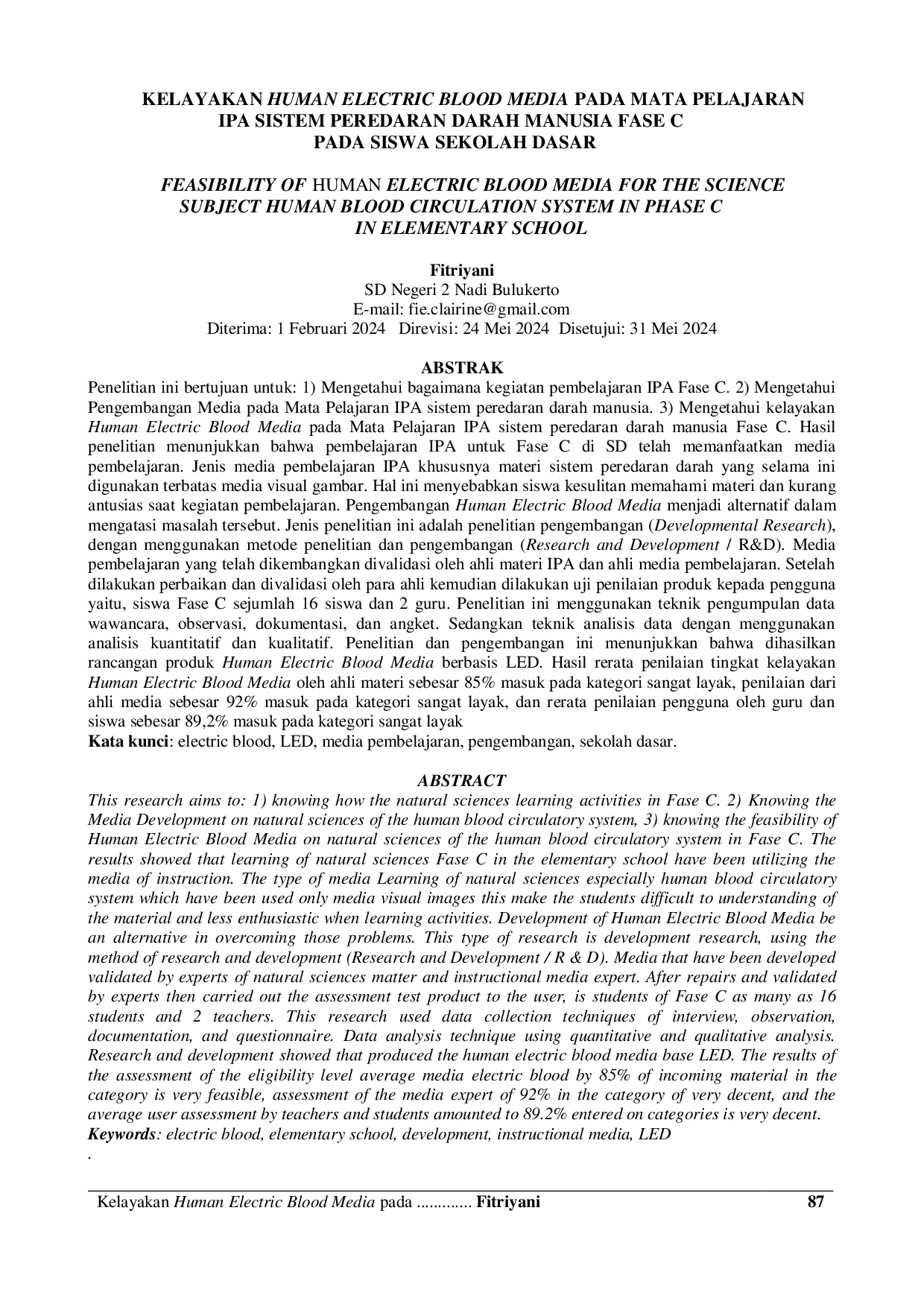 JURIS Kelayakan Human Electric Blood Media Pada Mata Pelajaran Ipa Sistem Peredaran Darah Manusia Fase C Pada Siswa Sekolah Dasar