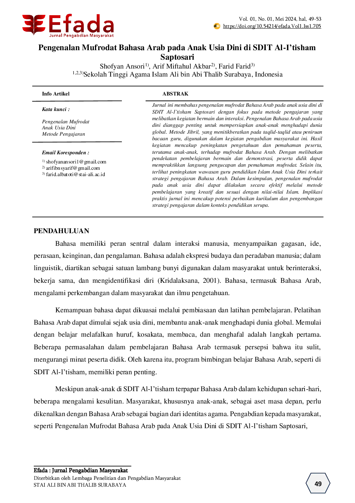 JURIS Pengenalan Mufrodat Bahasa Arab pada Anak Usia Dini di SDIT Al I tisham Saptosari