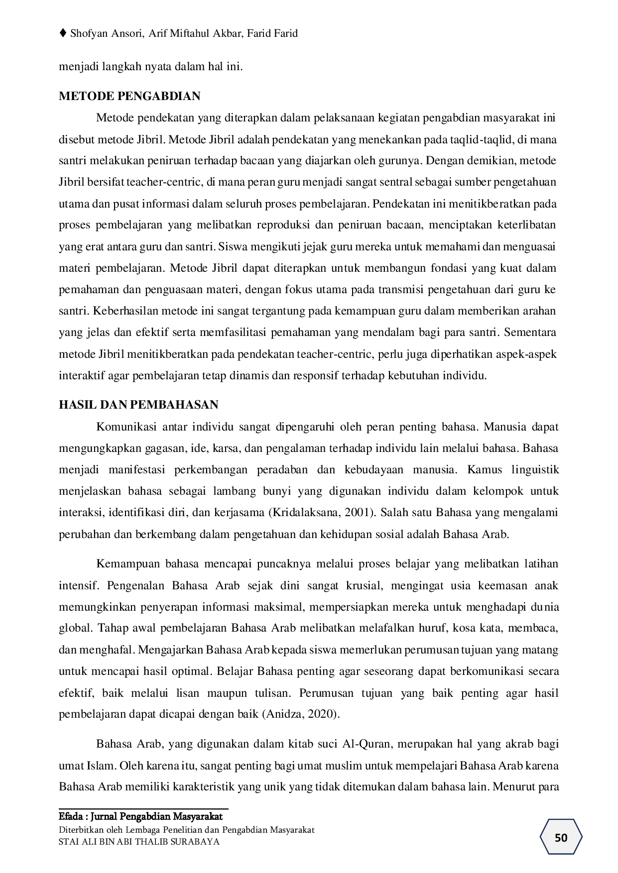 JURIS Pengenalan Mufrodat Bahasa Arab pada Anak Usia Dini di SDIT Al I tisham Saptosari