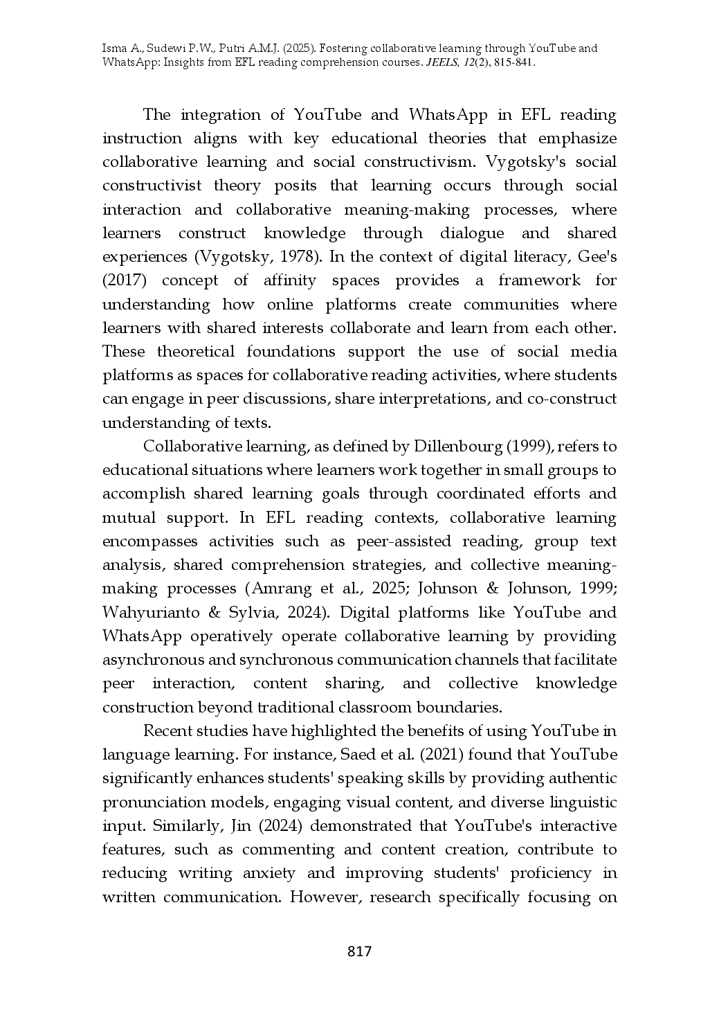 juris Fostering Collaborative Learning through YouTube and WhatsApp Insights from EFL Reading Comprehension Courses