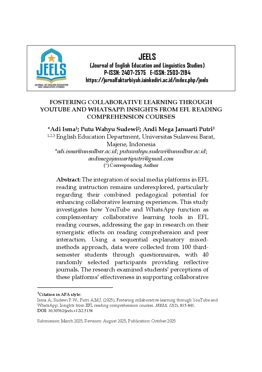 juris Fostering Collaborative Learning through YouTube and WhatsApp Insights from EFL Reading Comprehension Courses