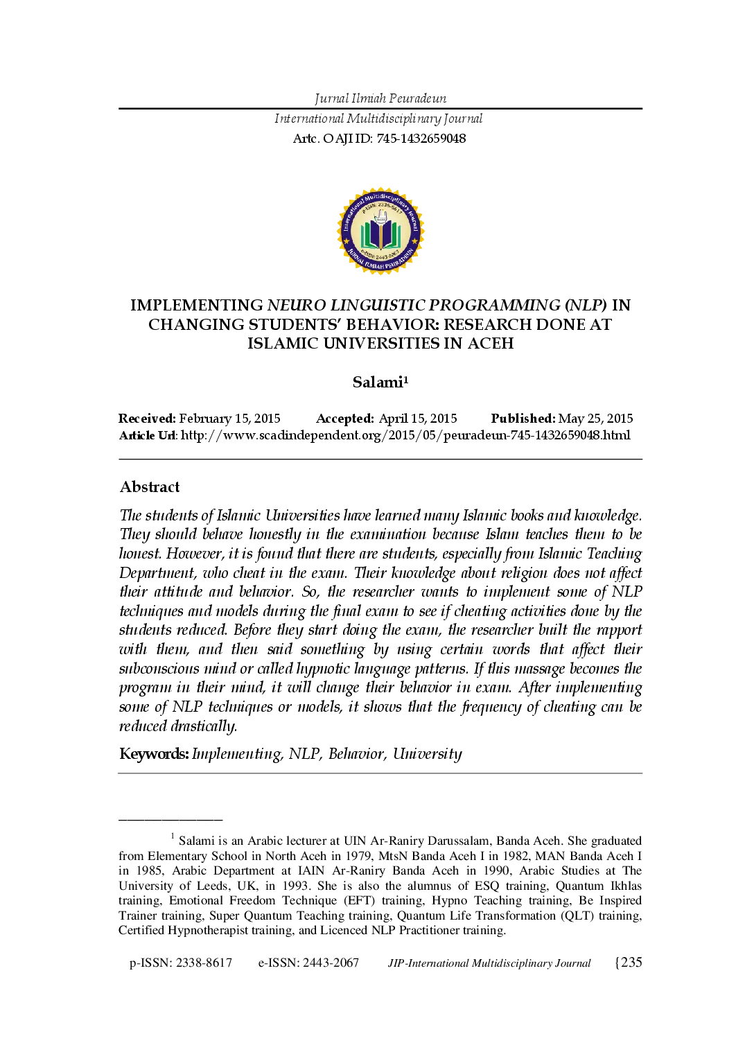 juris Implementing Neuro Linguistic Programming Nlp In Changing Students Behavior Research Done At Islamic Universities In Aceh