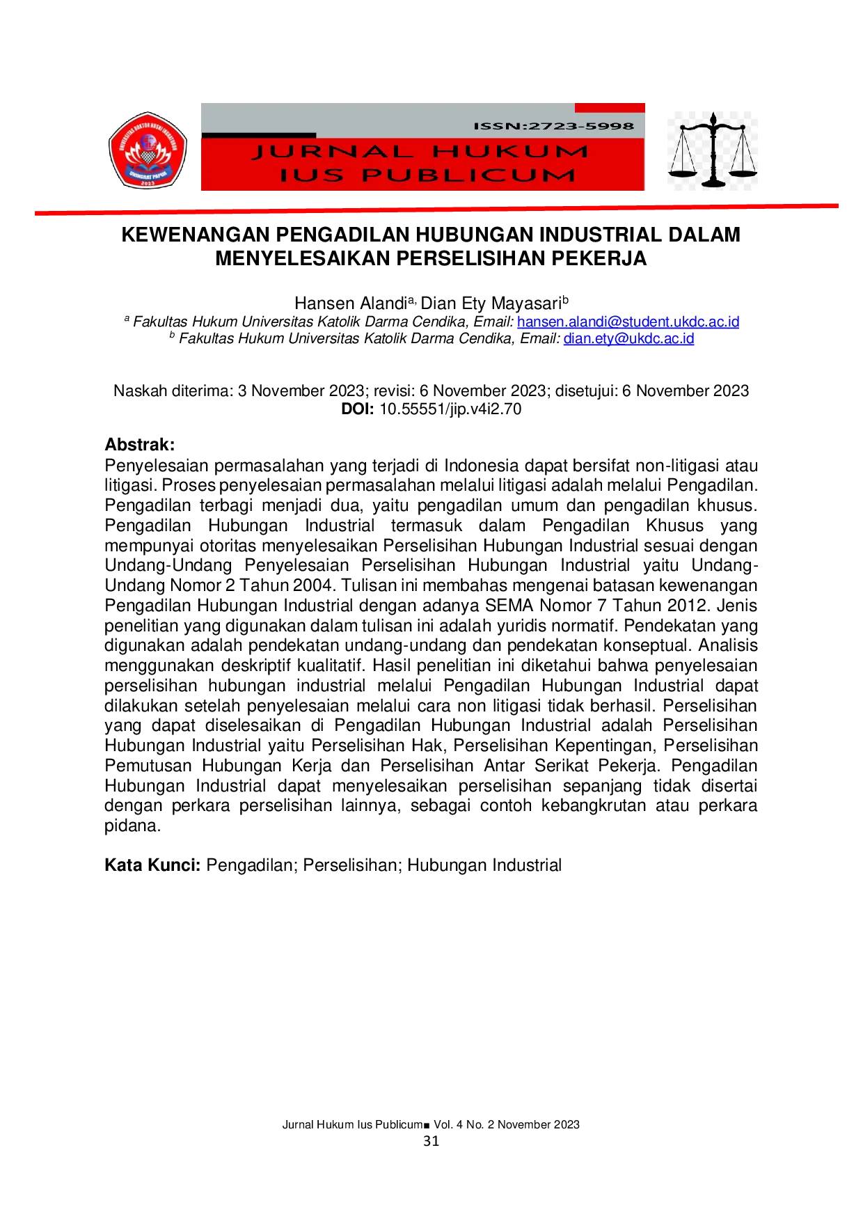 JURIS Kewenangan Pengadilan Hubungan Industrial Dalam Menyelesaikan Perselisihan Pekerja