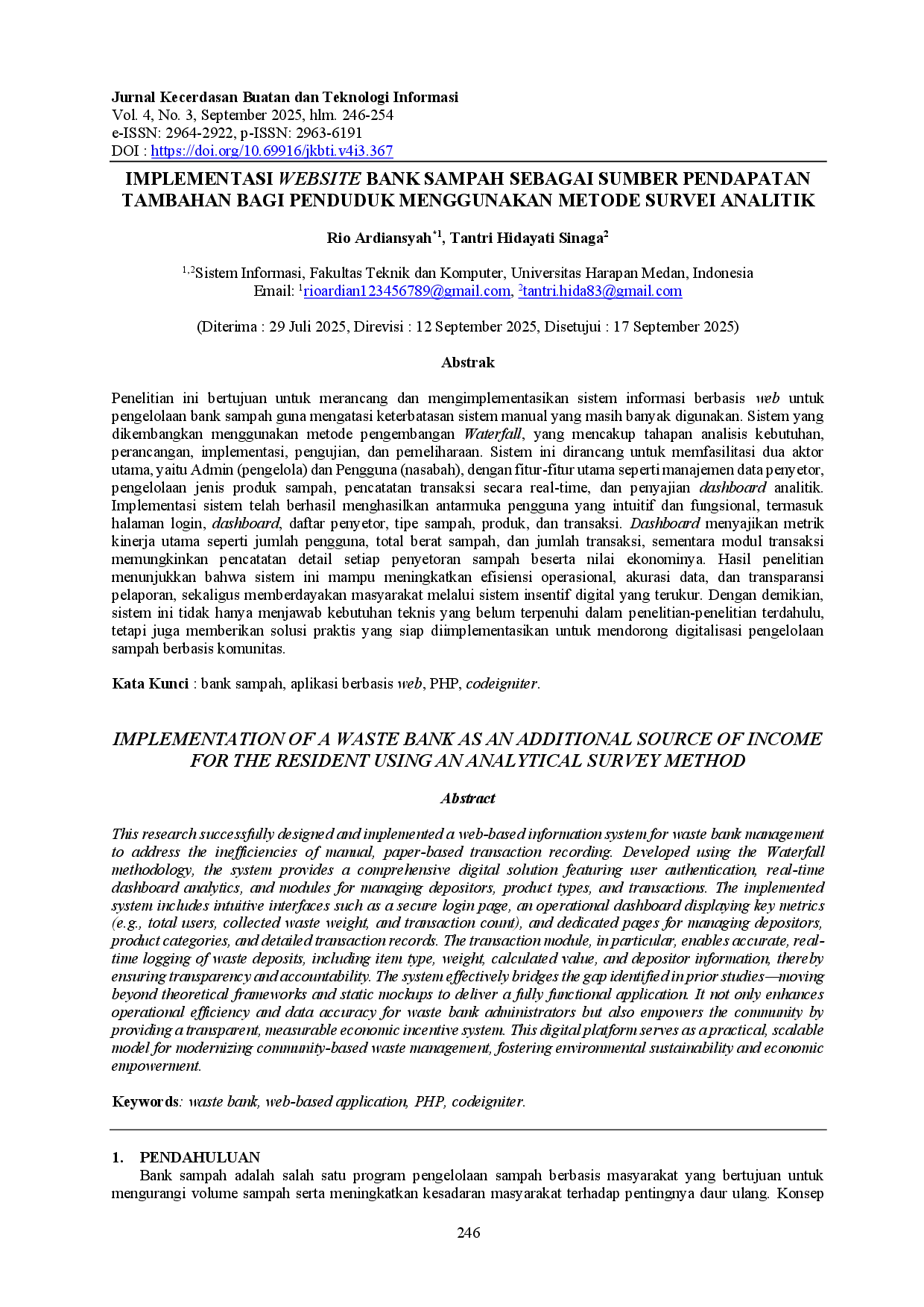 juris Implementasi Website Bank Sampah Sebagai Sumber Pendapatan Tambahan Bagi Penduduk Menggunakan Metode Survei Analitik