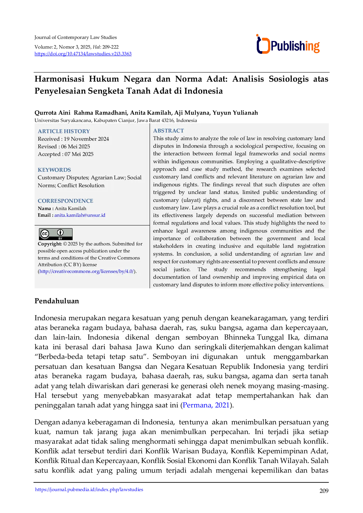 JURIS Harmonisasi Hukum Negara dan Norma Adat Analisis Sosiologis atas Penyelesaian Sengketa Tanah Adat di Indonesia