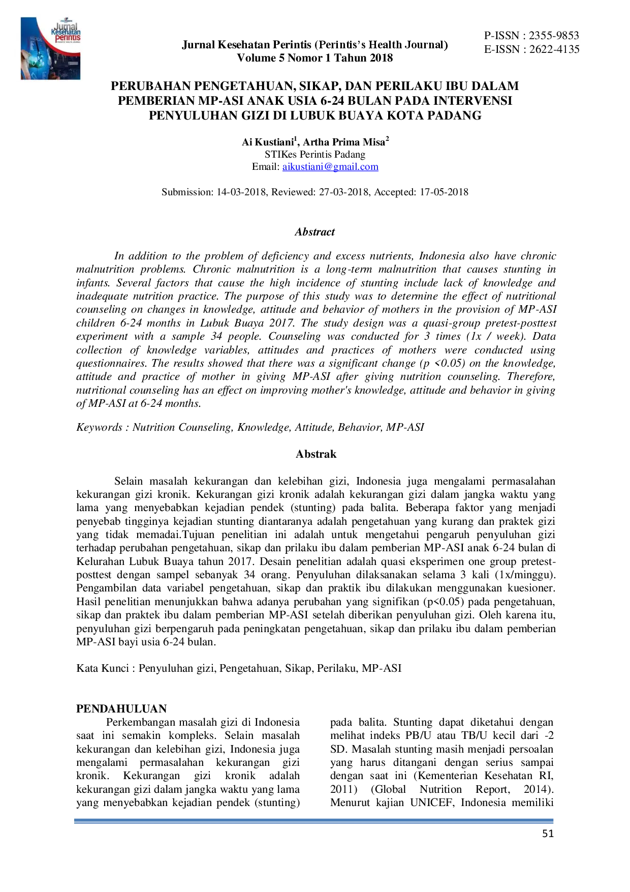 juris Perubahan Pengetahuan Sikap Dan Perilaku Ibu Dalam Pemberian MP ASI Anak Usia 6 24 Bulan Pada Intervensi Penyuluhan Gizi Di Lubuk Buaya Kota Padang