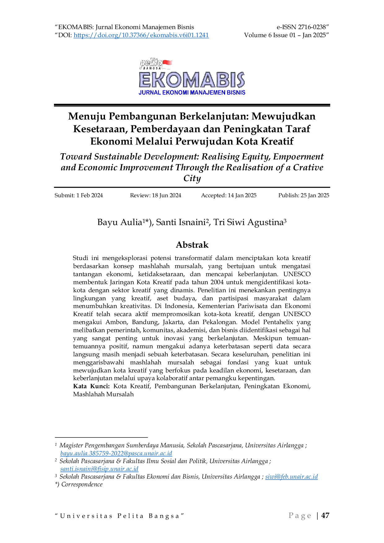 JURIS Menuju Pembangunan Berkelanjutan Mewujudkan Kesetaraan Pemberdayaan Dan Peningkatan Taraf Ekonomi Melalui Perwujudan Kota Kreatif