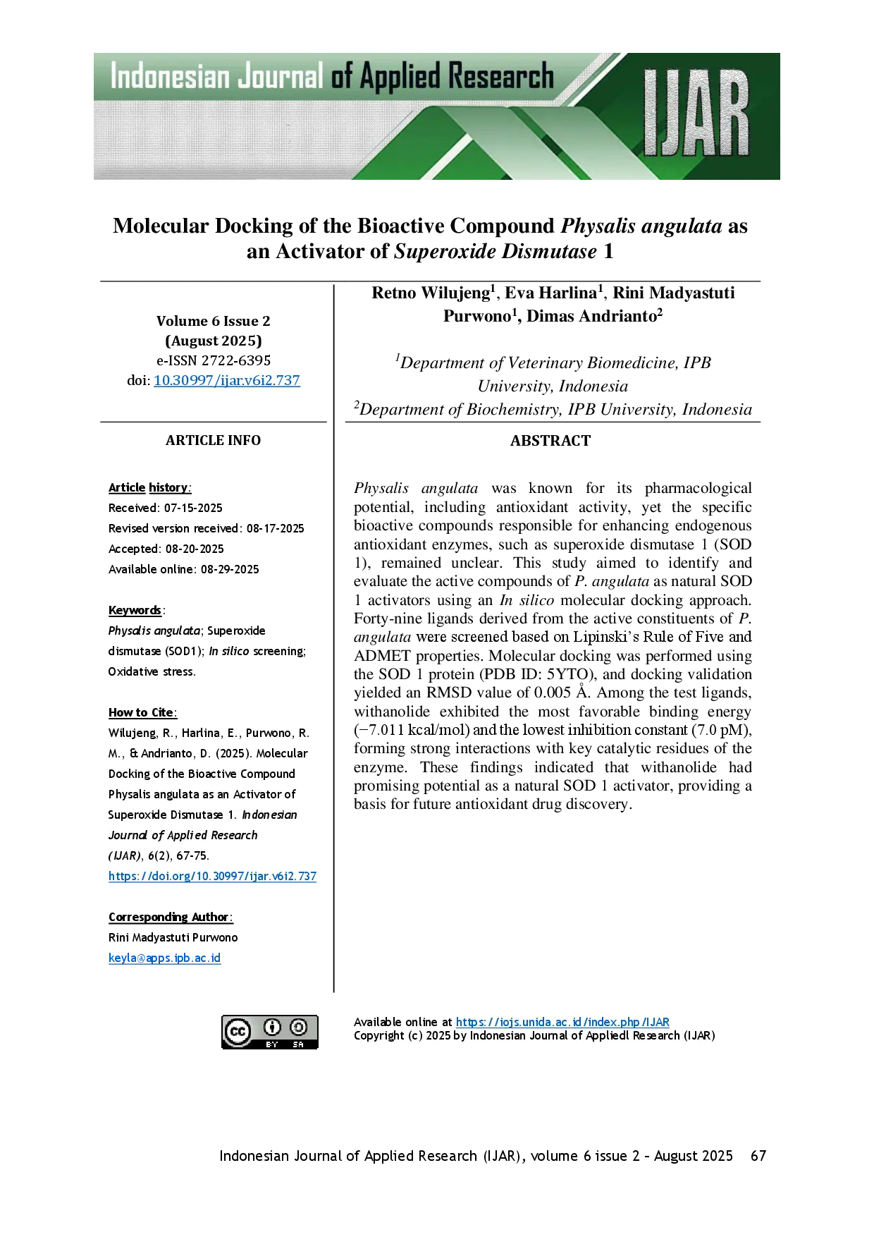 juris Molecular Docking of the Bioactive Compound Physalis angulata as an Activator of Superoxide Dismutase 1