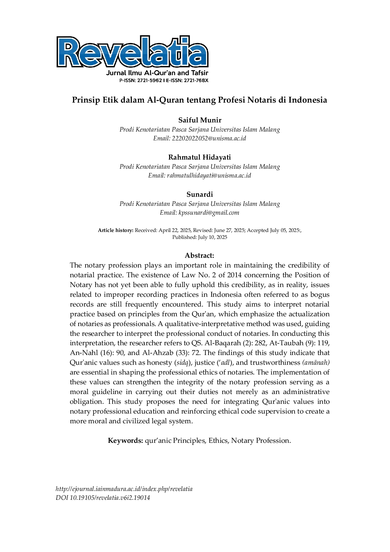 JURIS Prinsip Etik Dalam Al Qur an Tentang Profesi Notaris Di Indonesia