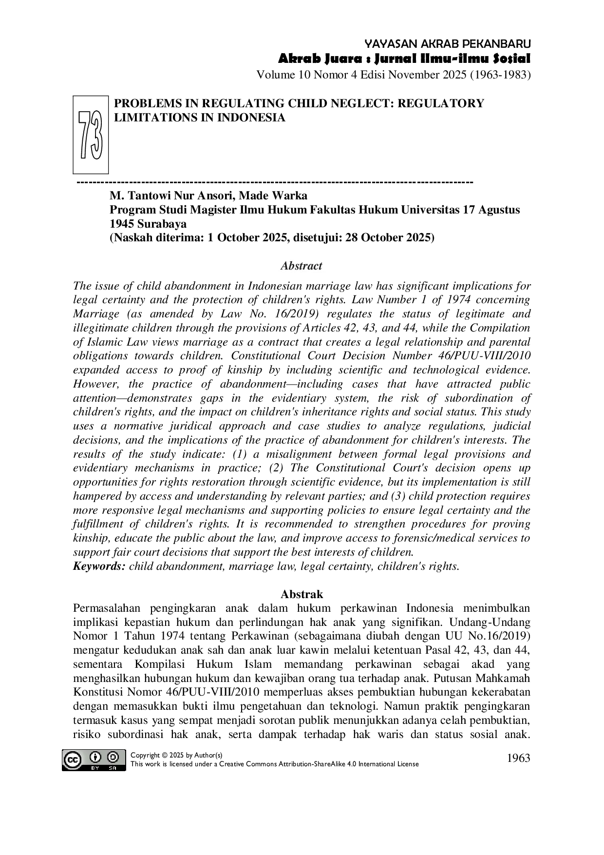 JURIS Permasalahan Pengingkaran Anak Dalam Hukum Perkawinan Indonesia