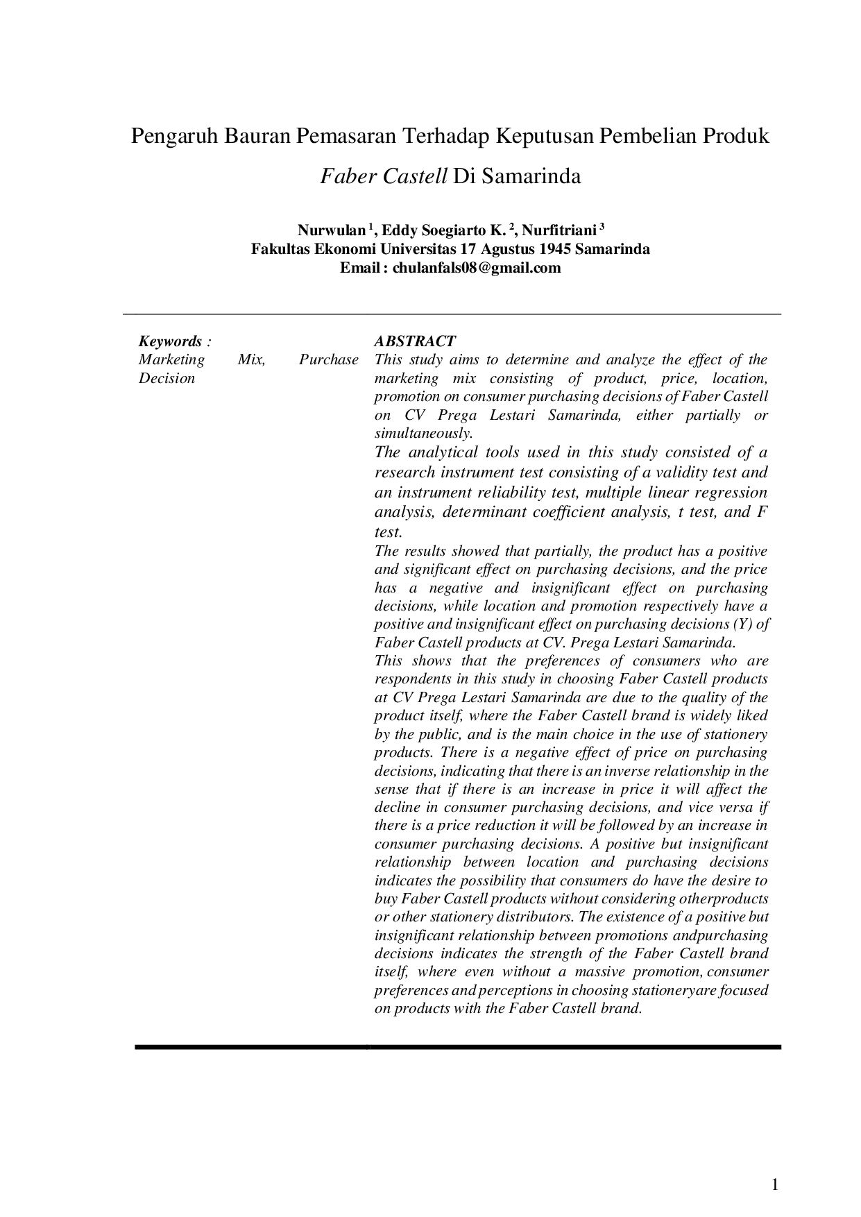 JURIS Pengaruh Bauran Pemasaran Terhadap Keputusan Pembelian Produk Faber Castell Di Samarinda