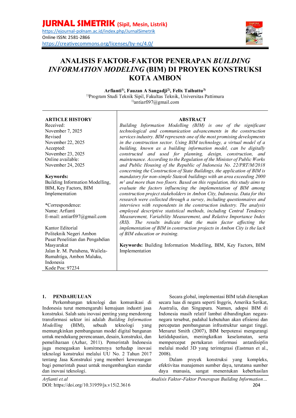 JURIS Analisis Faktor Faktor Penerapan Building Information Modeling Bim Di Proyek Konstruksi Kota Ambon