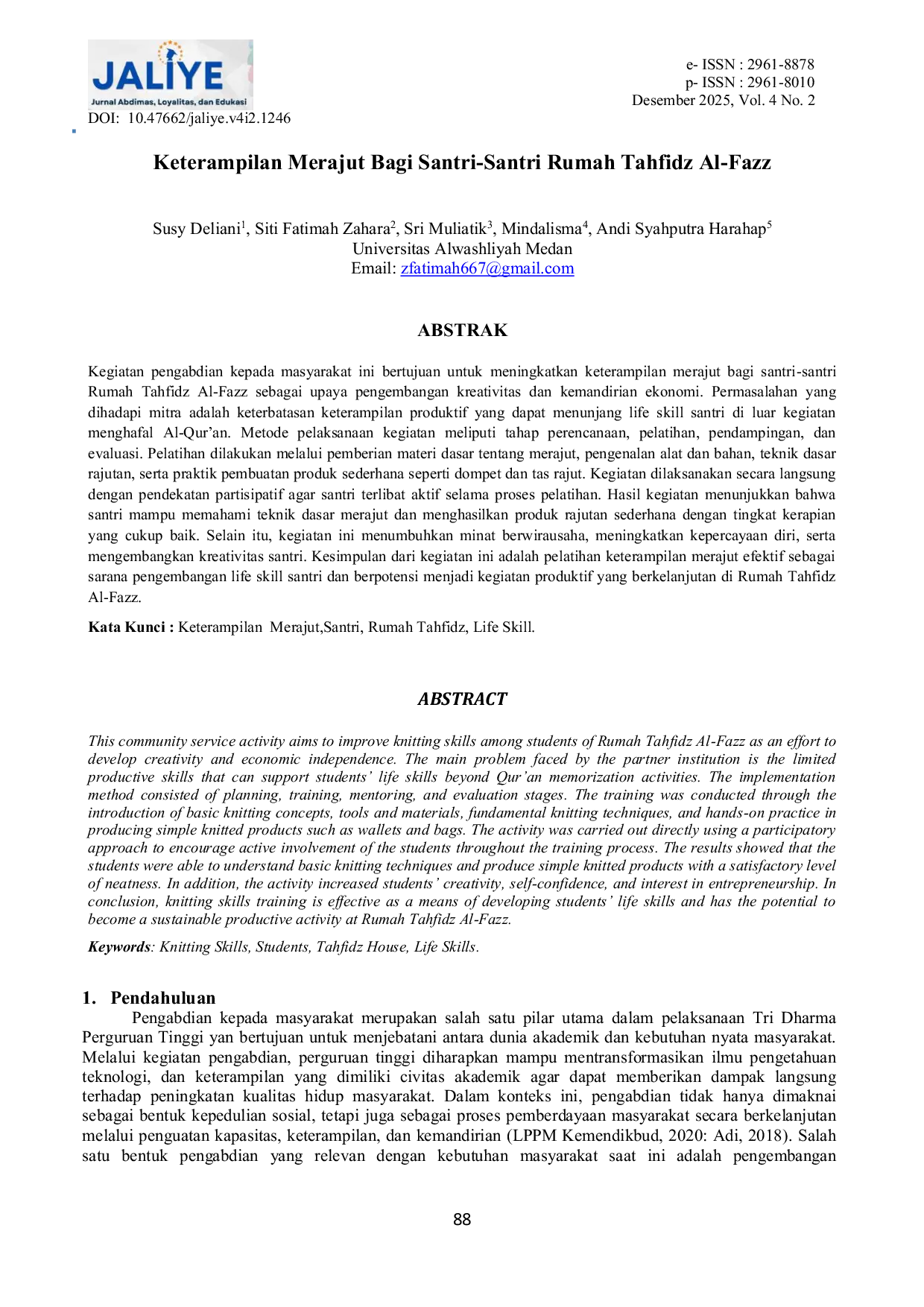 JURIS Keterampilan Merajut Bagi Santri Santri Rumah Tahfidz Al Fazz