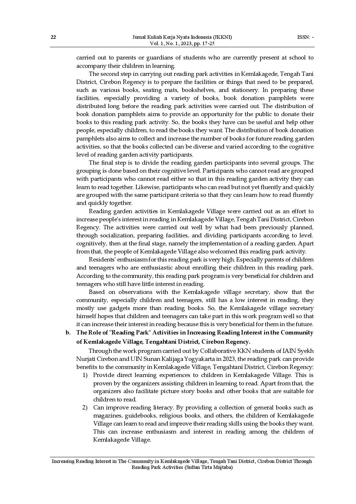 juris Increasing Reading Interest in The Community in Kemlakagede Village Tengah Tani District Cirebon District Through Reading Park Activities